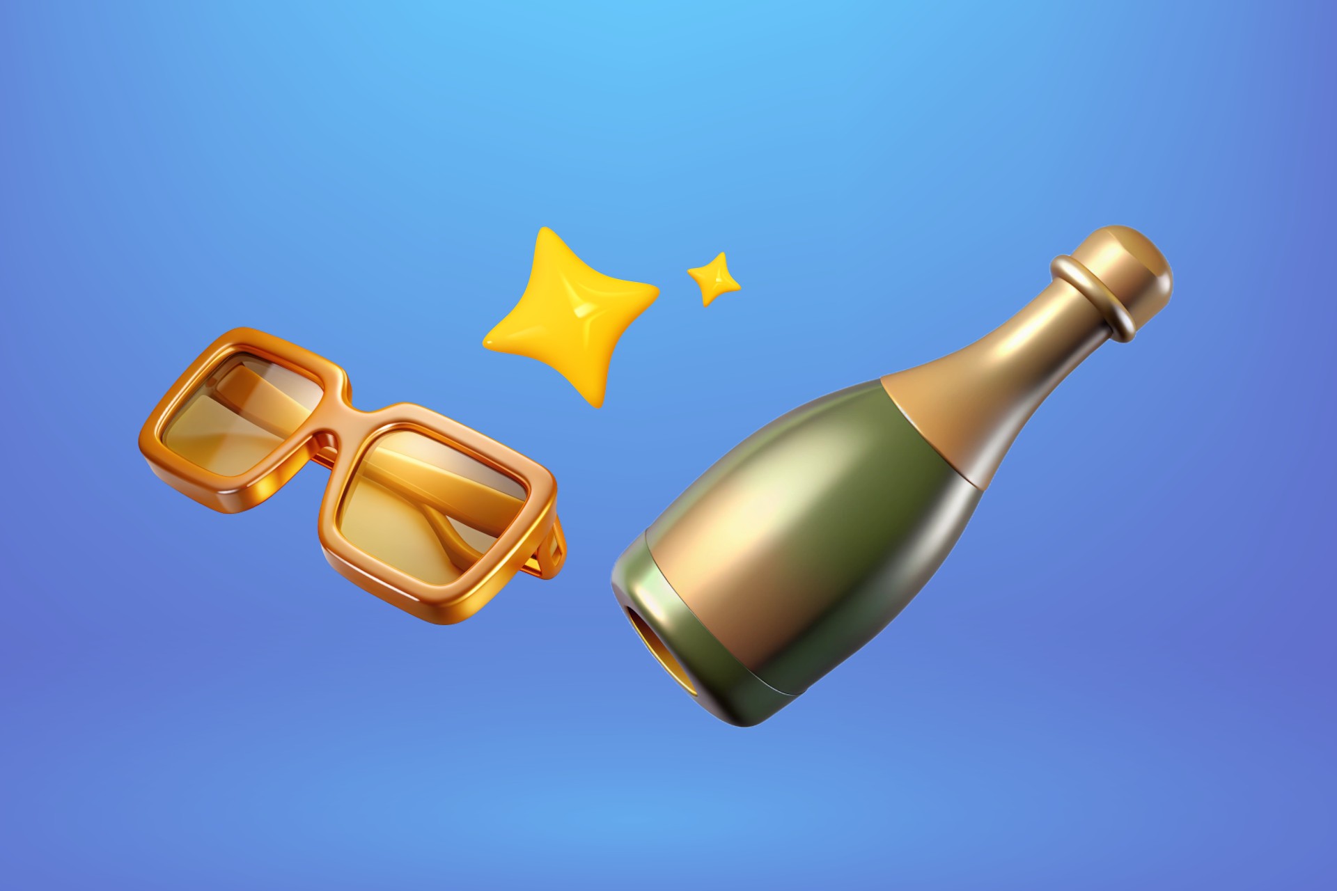 Sunglasses, stars, and a champagne bottle against a blue background for a Meltwater blog about types of influencers that alcohol brands can partner with