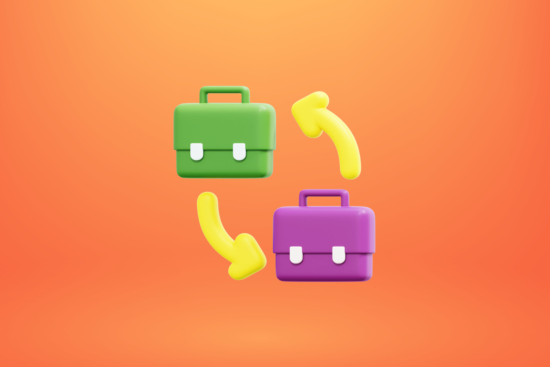 Arrows pointing between green and purple briefcases for a Meltwater data blog about corporate rebrands