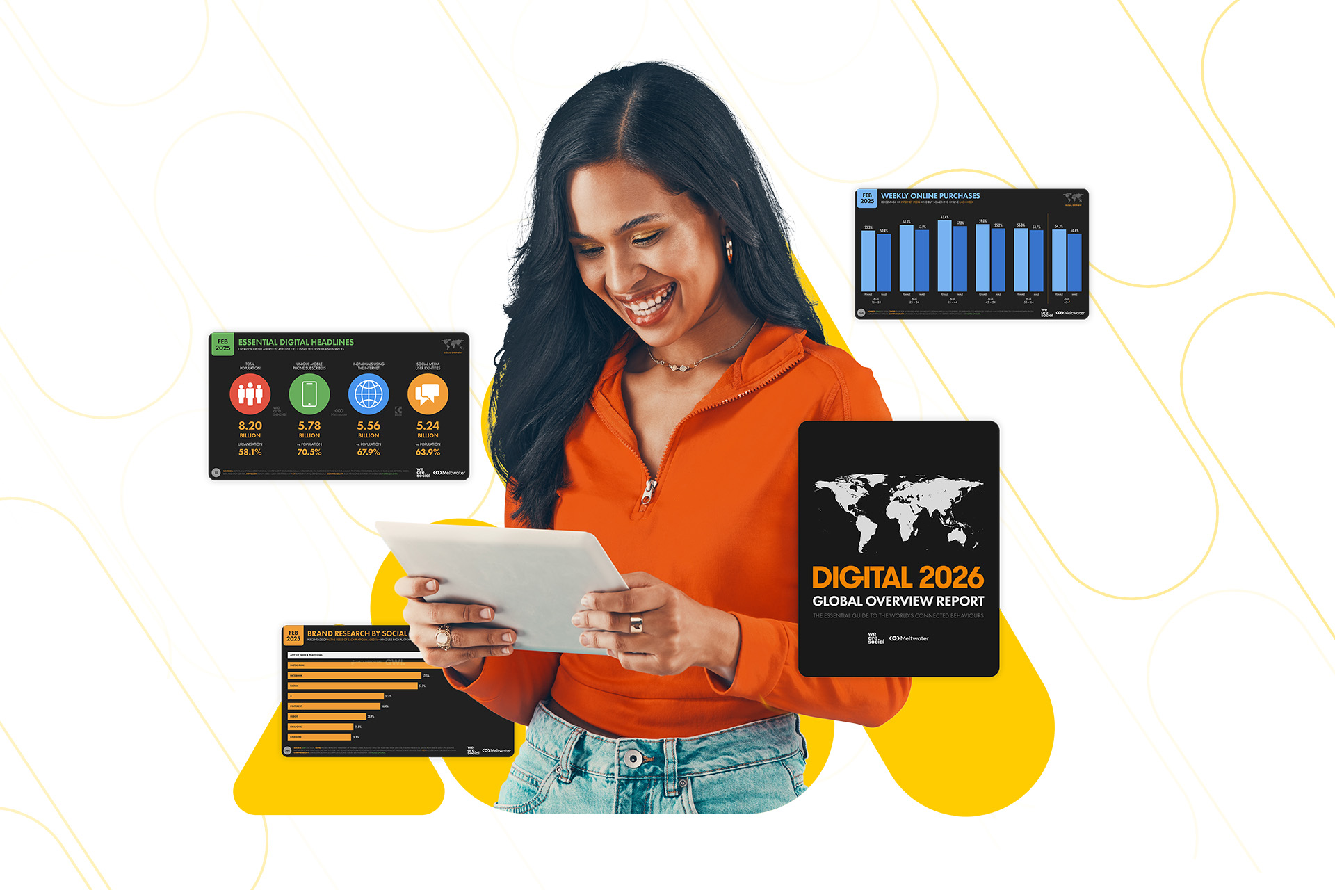 This image features a woman in an orange shirt, looking down and smiling looking at her phone. 