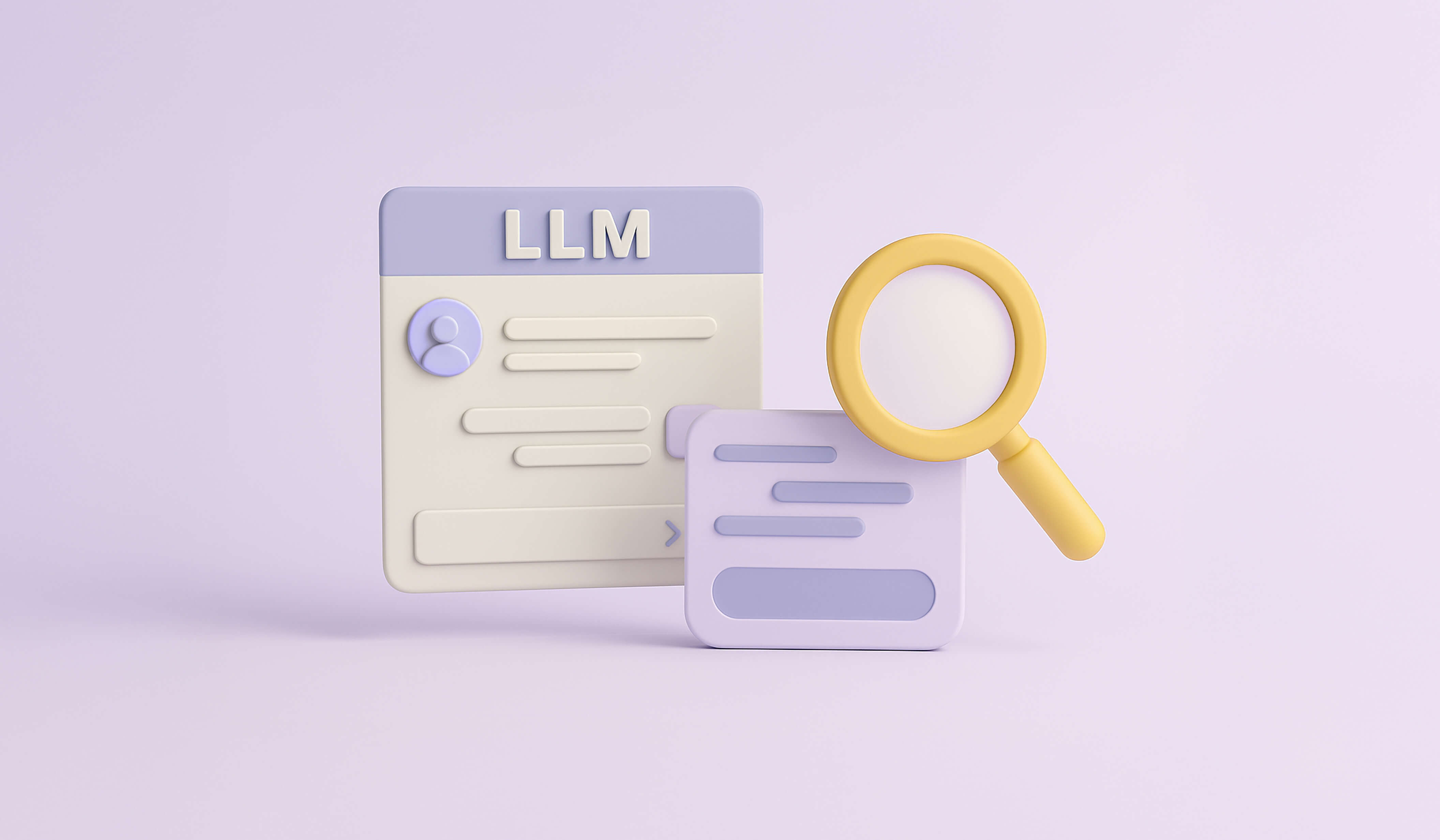 Illustration einer Lupe über zwei LLM-Browserfenstern, die LLM-Tracking-Tools darstellen