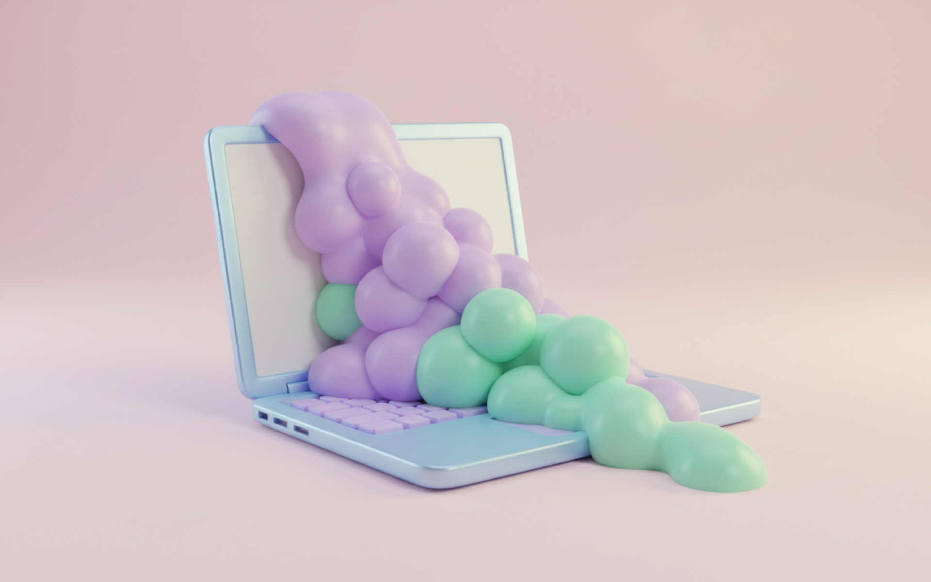 Purple and blue goo ooze from a laptop screen 