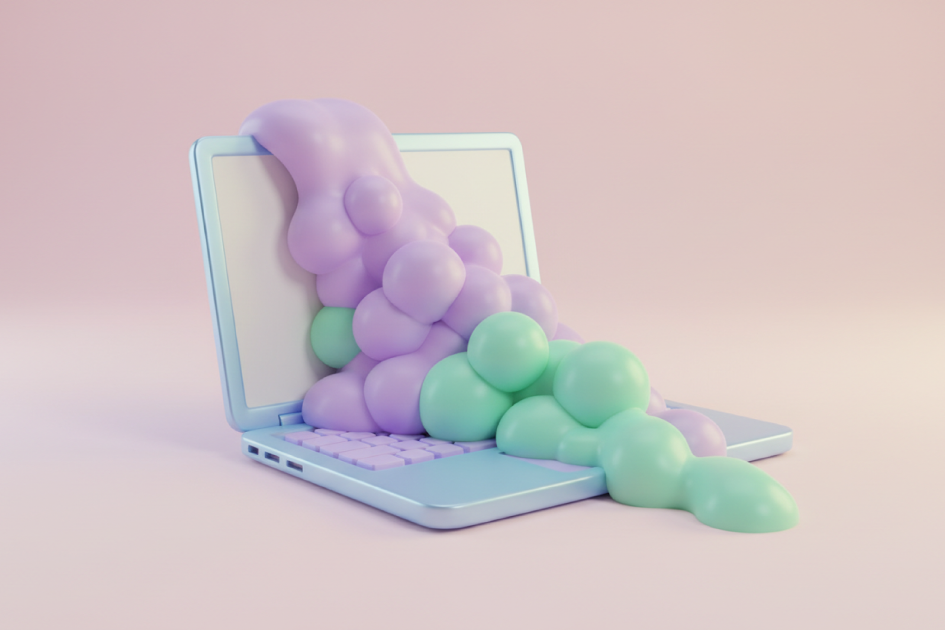 Purple and blue goo ooze from a laptop screen