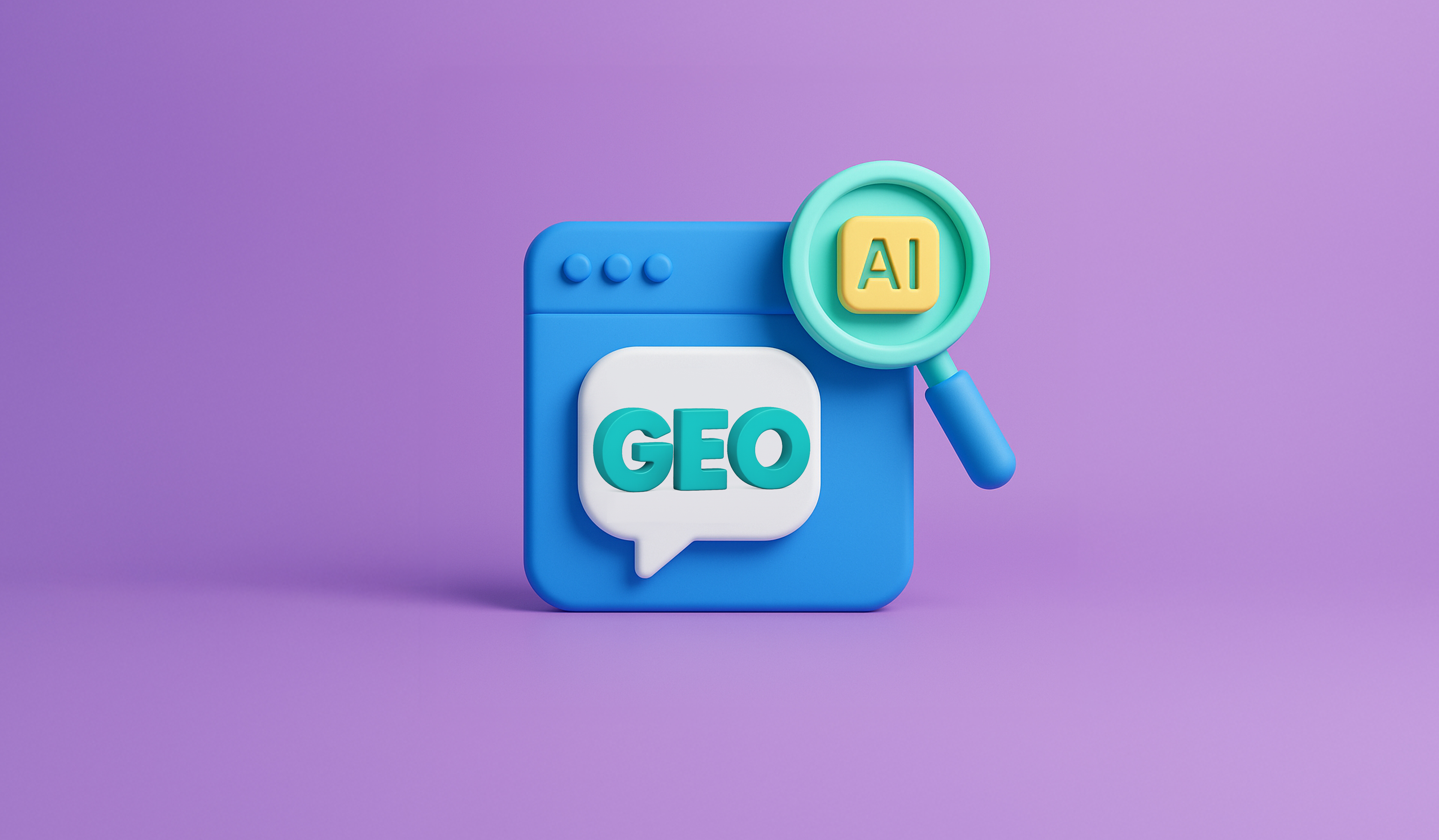 A blue web window with a speech bubble saying "GEO" beside a magnifying glass with the word "AI" inside the lens.