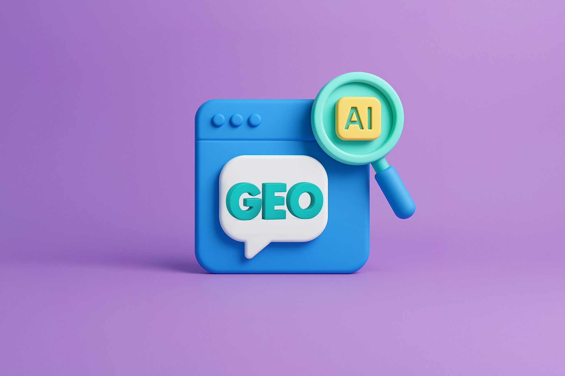 A blue web window with a speech bubble saying "GEO" beside a magnifying glass with the word "AI" inside the lens.