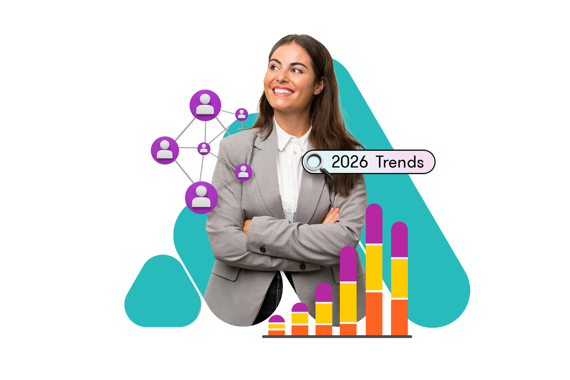 A lady in a suit with her arms crossed and images of charts around her