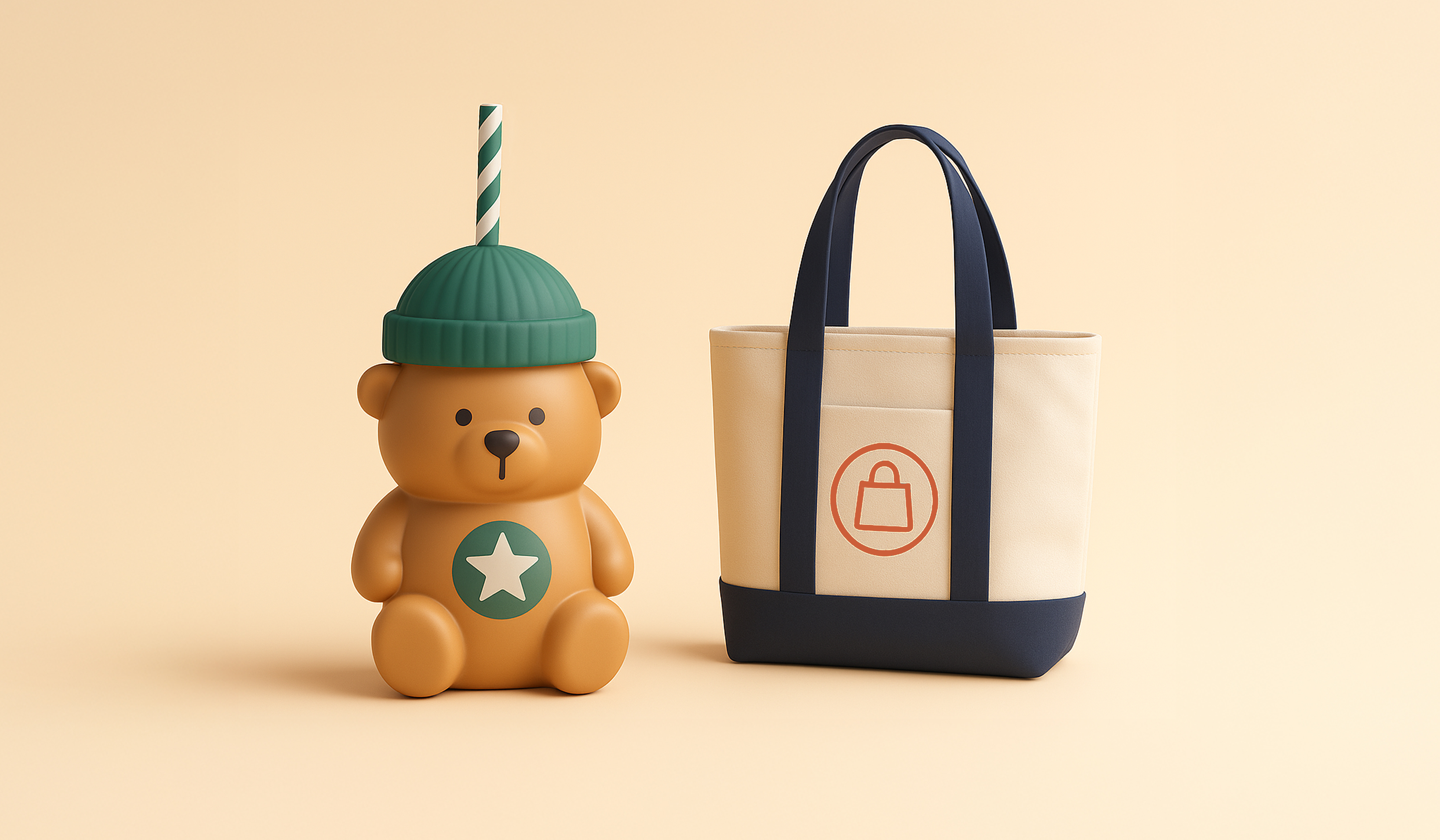 A bear-shaped coffee cup beside a tote bag for a Meltwater data analysis blog about the Trader Joe's Tote Bag the Starbucks Bearista Cold Cup and the impact of F&B merch