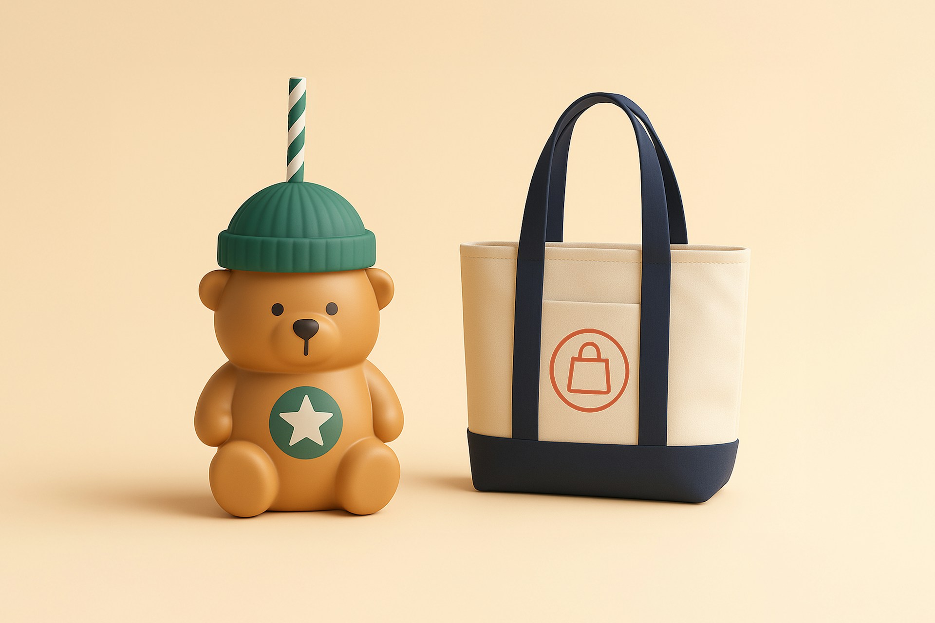 A bear-shaped coffee cup beside a tote bag for a Meltwater data analysis blog about the Trader Joe's Tote Bag the Starbucks Bearista Cold Cup and the impact of F&B merch