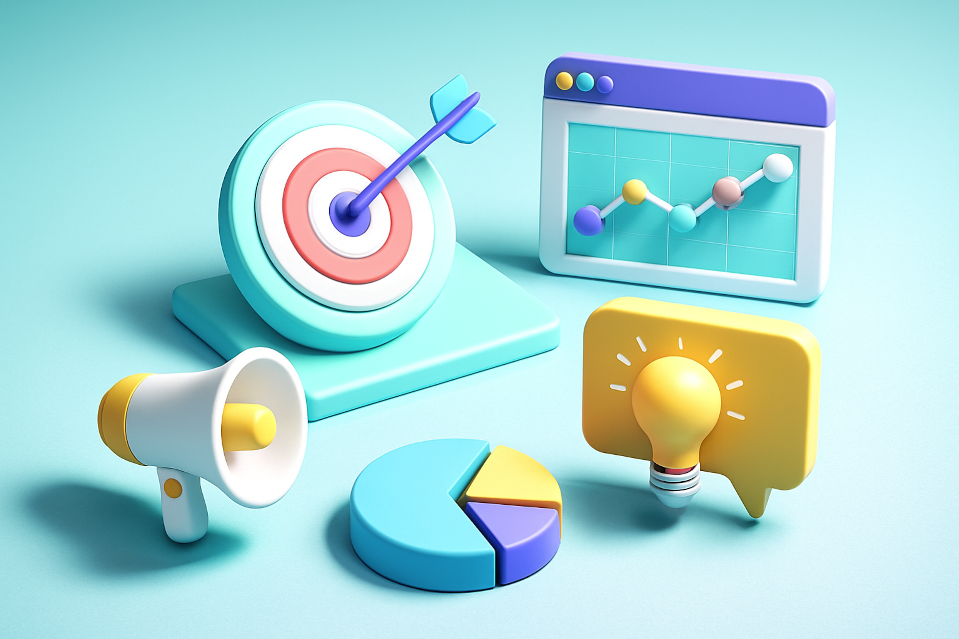 A stylized CGI image of marketing analytics dashboards.