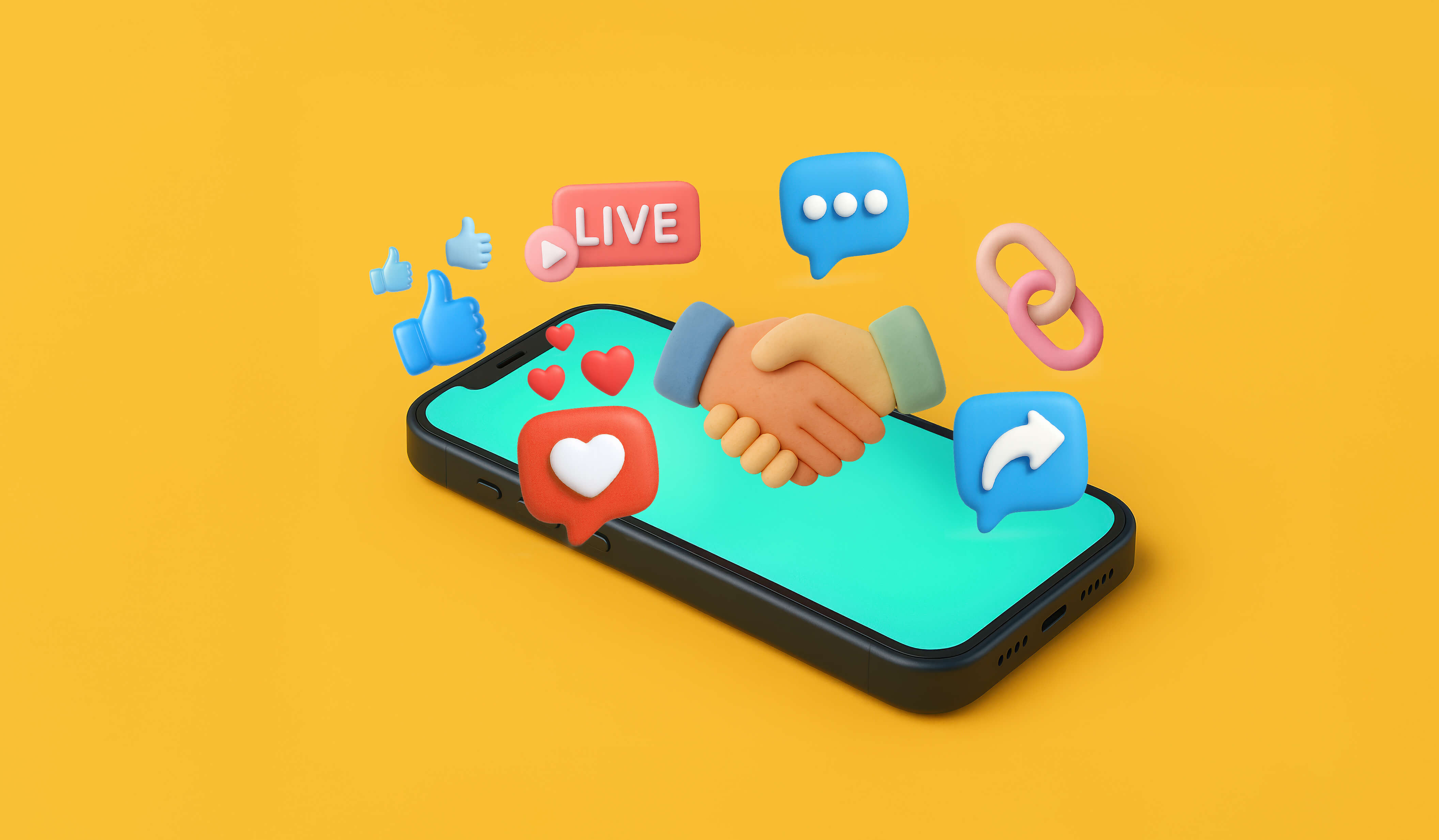 Image showing a smart phone with floating social media icons surrounding a handshake symbol, on a dark yellow background. Blog post image for an article titled The 10 Best Social Media Collaboration Tools for Teams