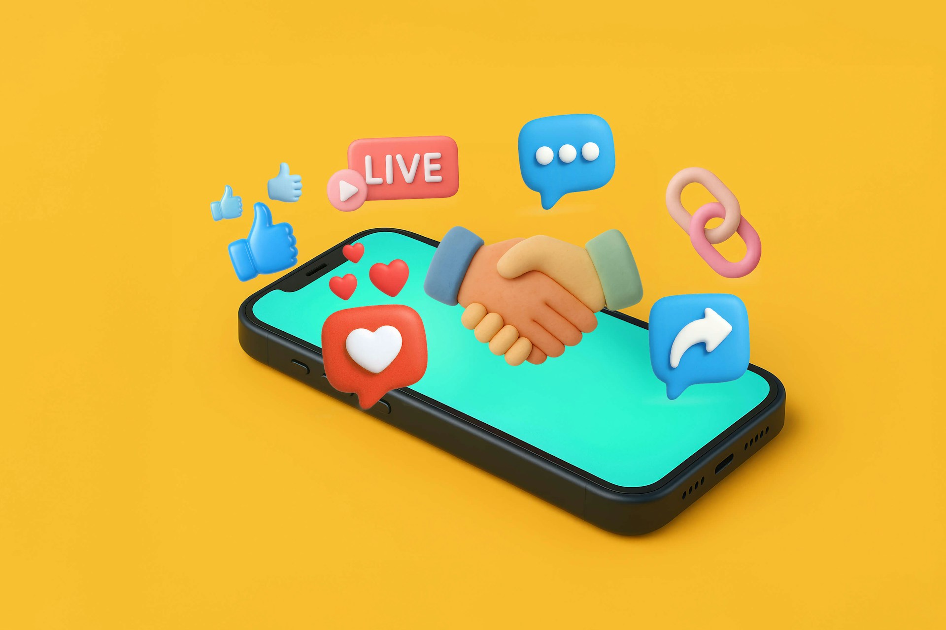 Image showing a smart phone with floating social media icons surrounding a handshake symbol, on a dark yellow background. Blog post image for an article titled The 10 Best Social Media Collaboration Tools for Teams