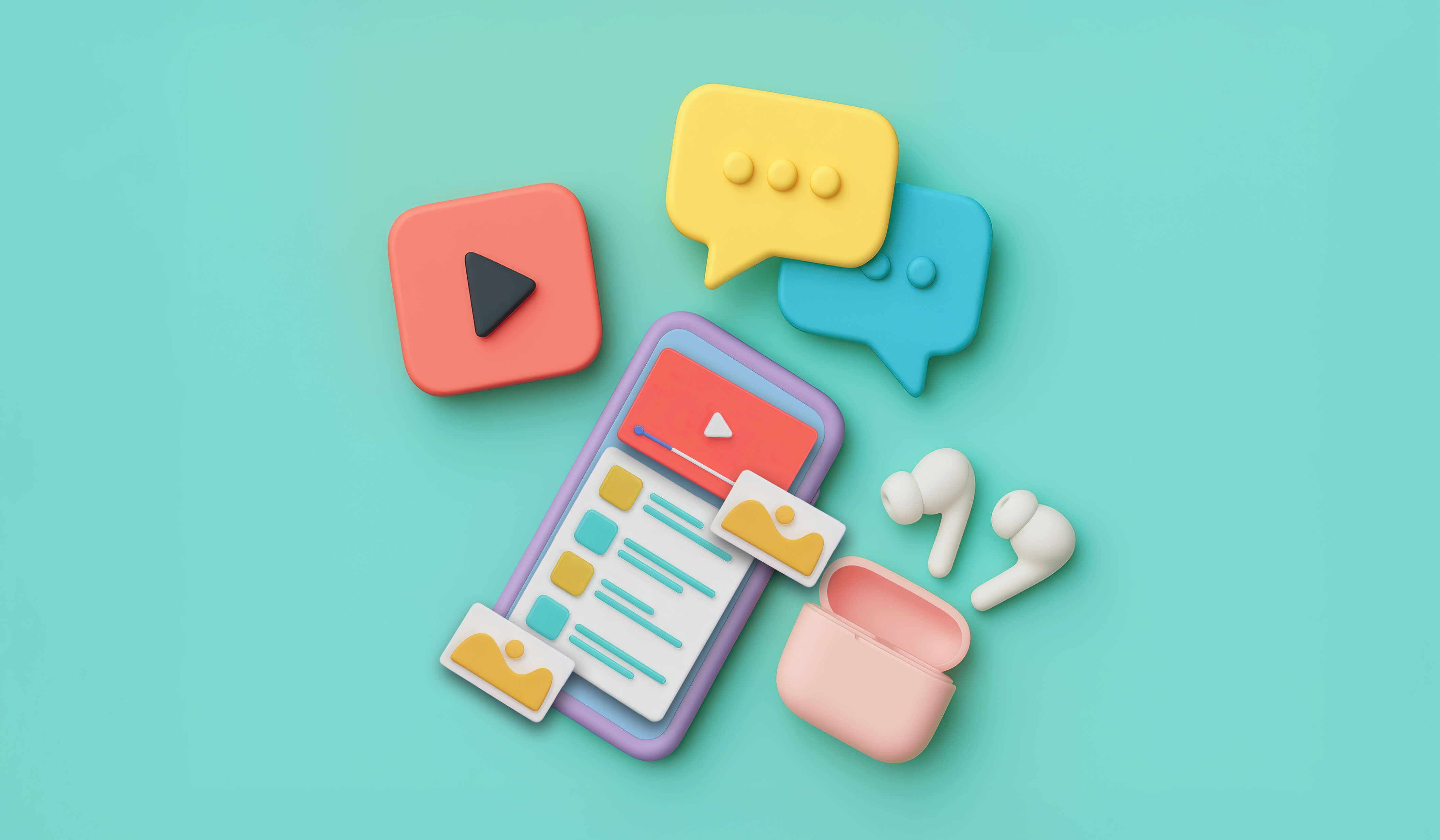 An image showing a smartphone with several content symbols like a YouTube play button, AirPods, and Message bubbles. Blog post image for an article on how Gen Z consumes content