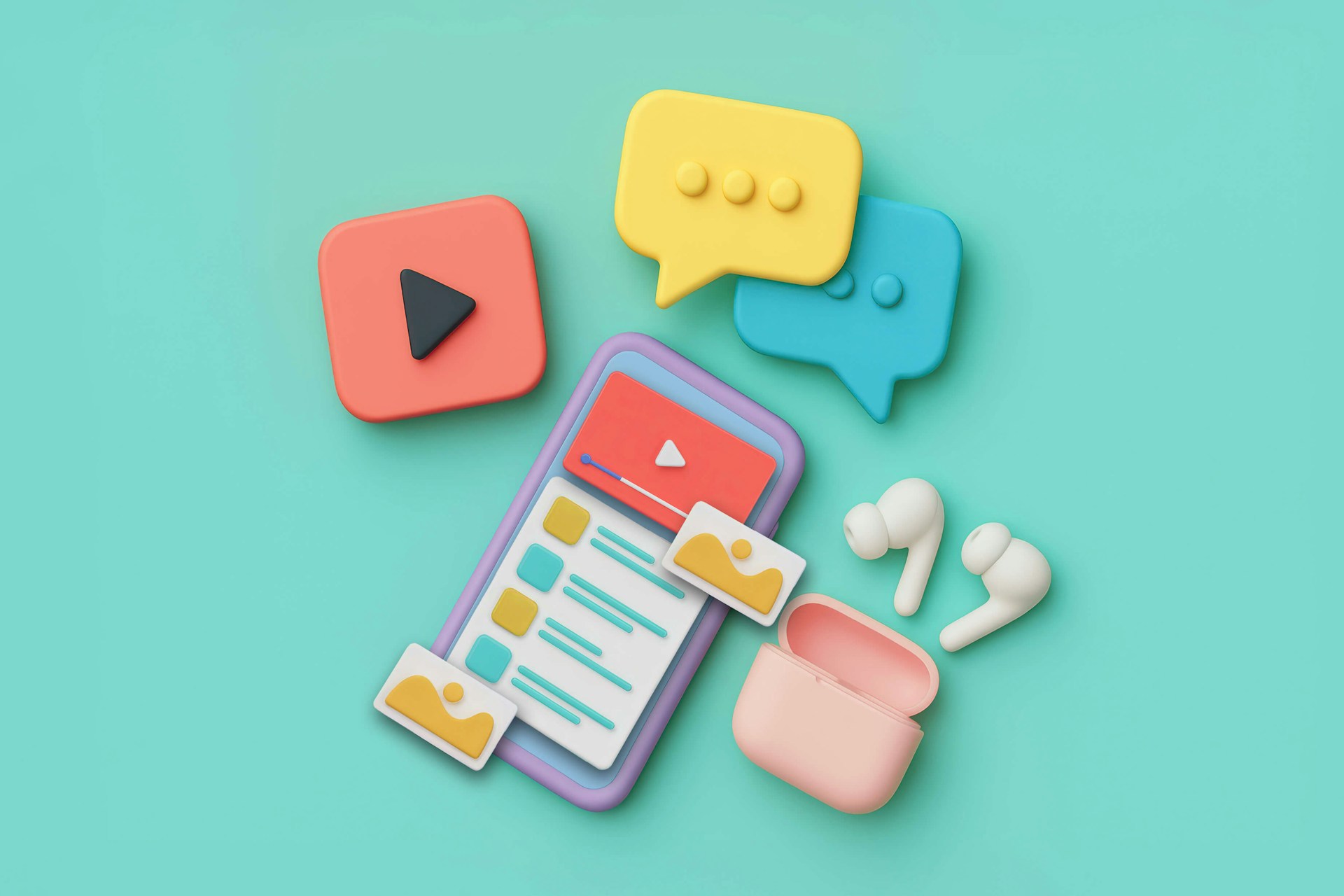 An image showing a smartphone with several content symbols like a YouTube play button, AirPods, and Message bubbles. Blog post image for an article on how Gen Z consumes content