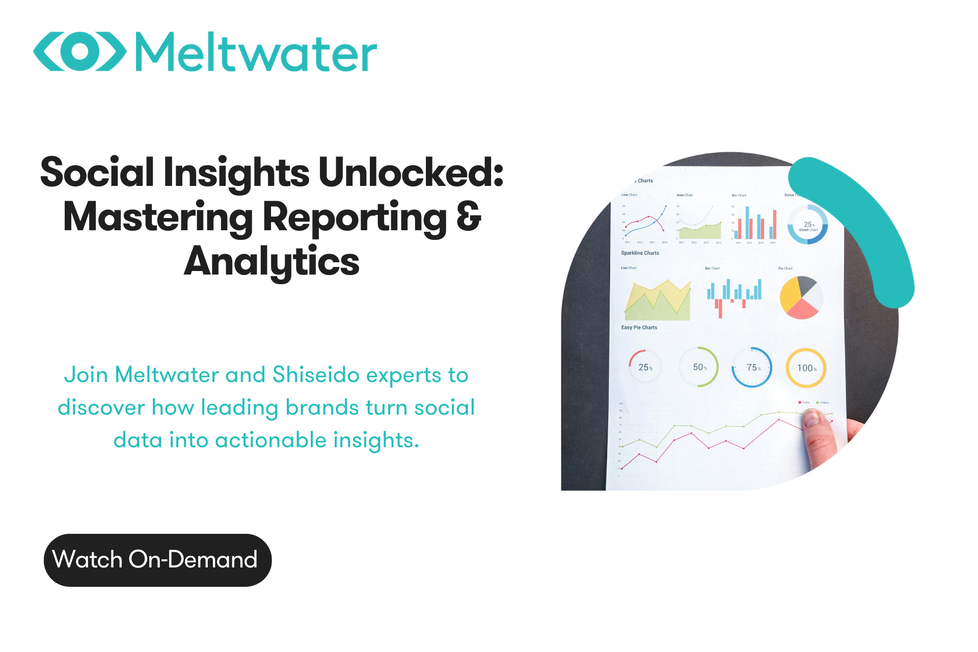 Top Image for the social media reporting webinar highlighting the title and a sheet of paper with graphs on it.