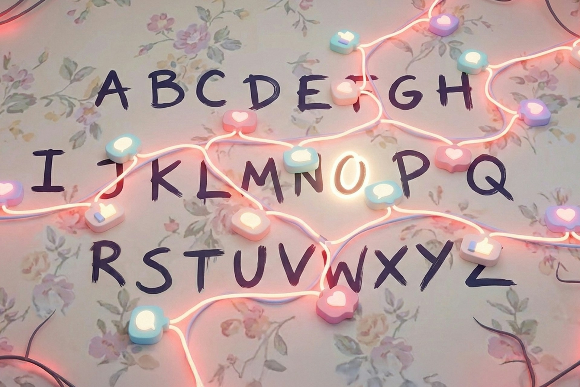 The alphabet on a wall connected by christmas lights for a blog about Stranger Things influencer marketing campaigns