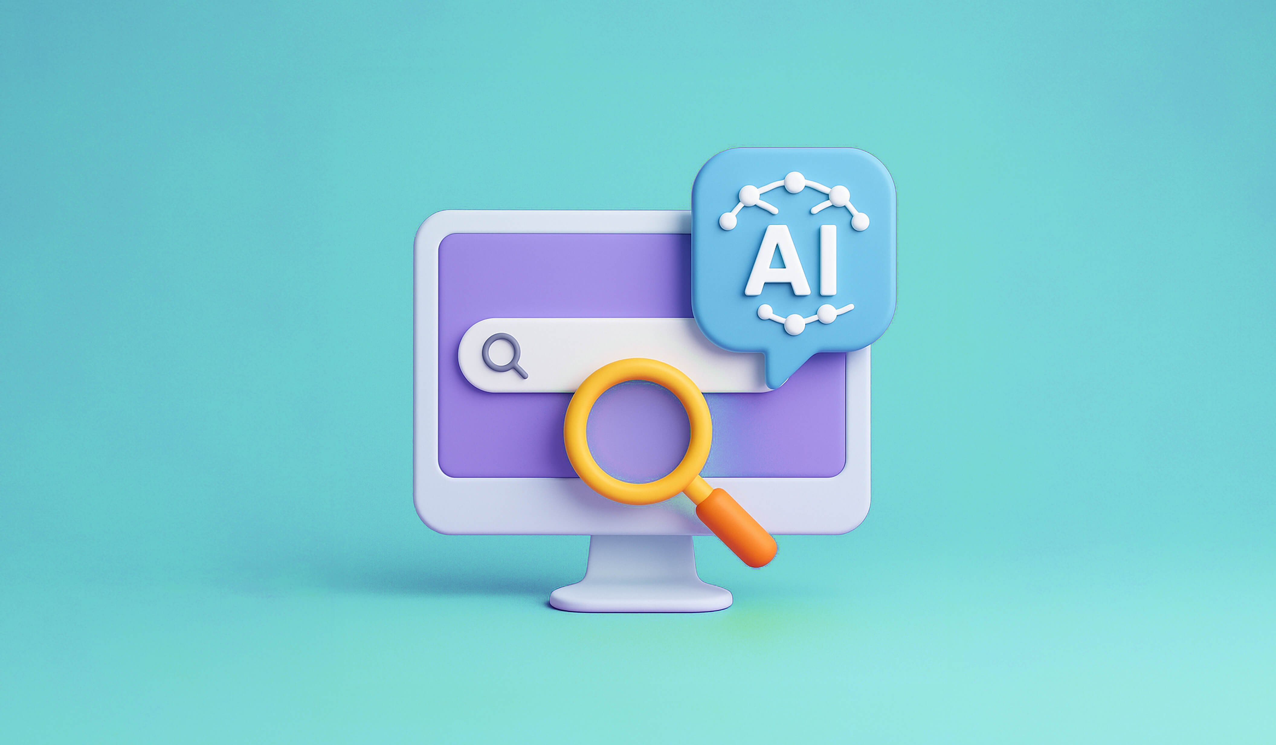 AI Visibility header image showing a 3D illustration of a monitor, a magnifying glass, and AI