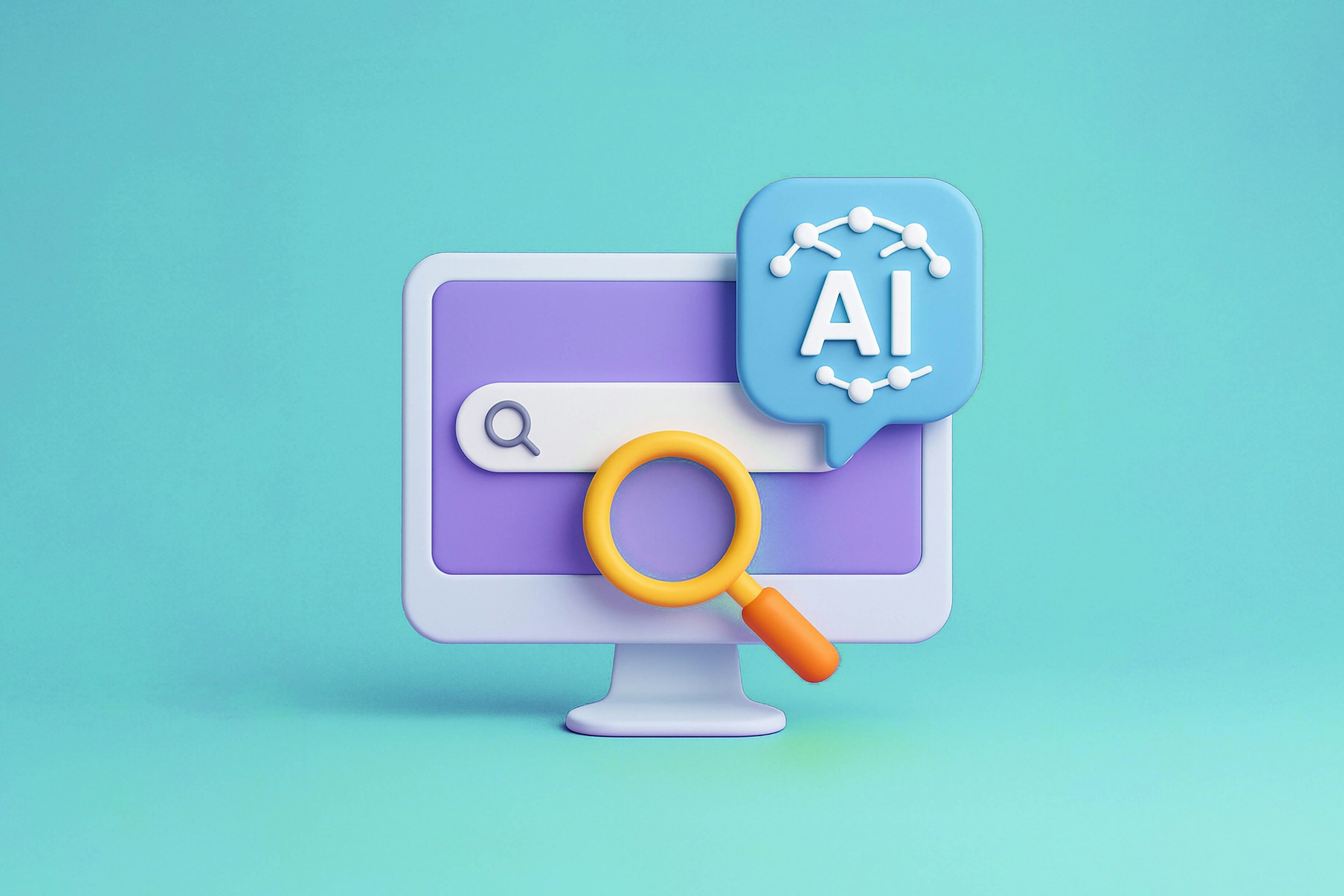 Image d'en-tête AI Visibility montrant une illustration 3D d'un moniteur, d'une loupe et d'une IA.