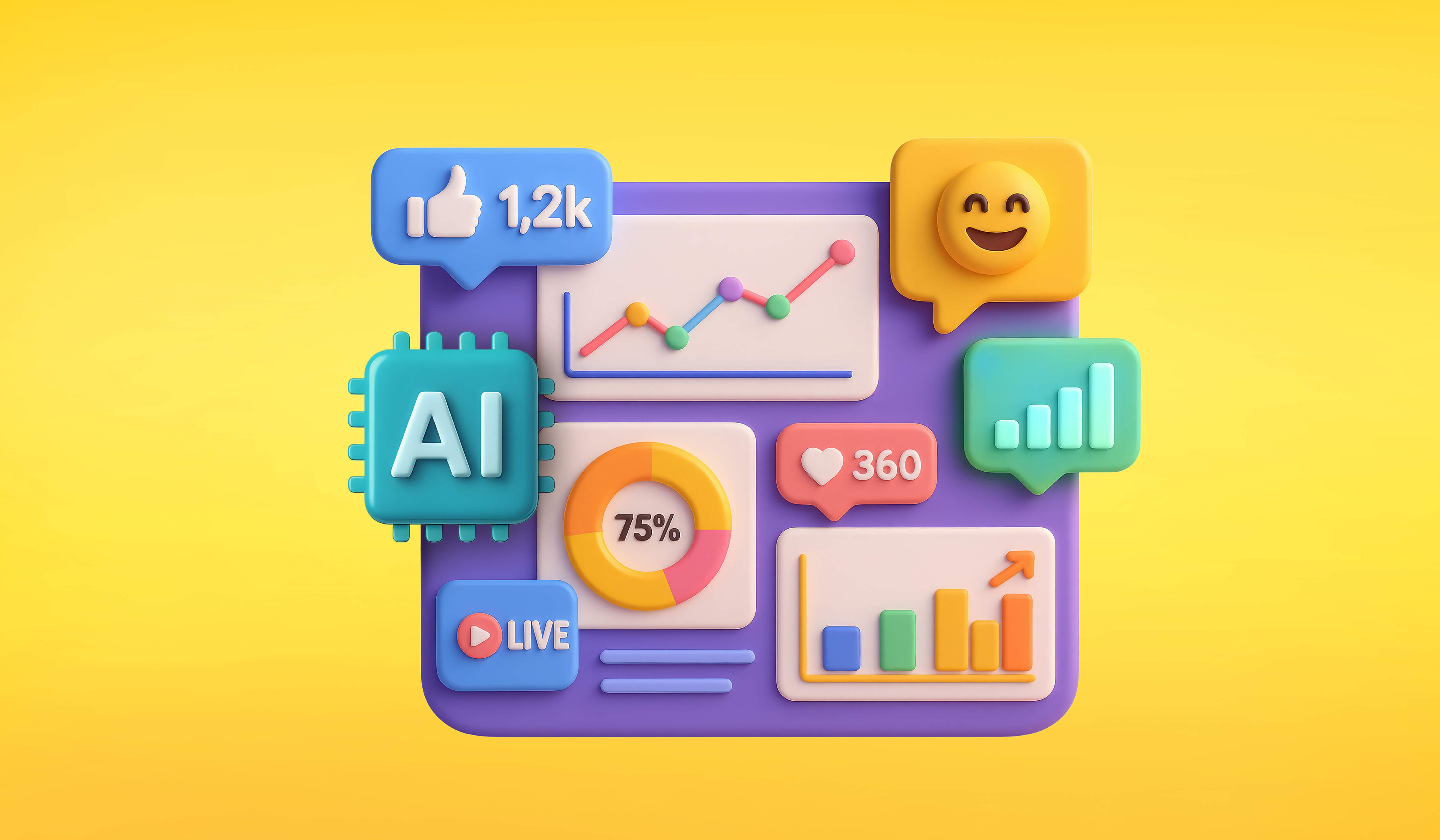 Image showing a computer screen with various icons to indicate AI media monitoring such as a sentiment graph, bar graph, like symbol, and a YouTube play button.