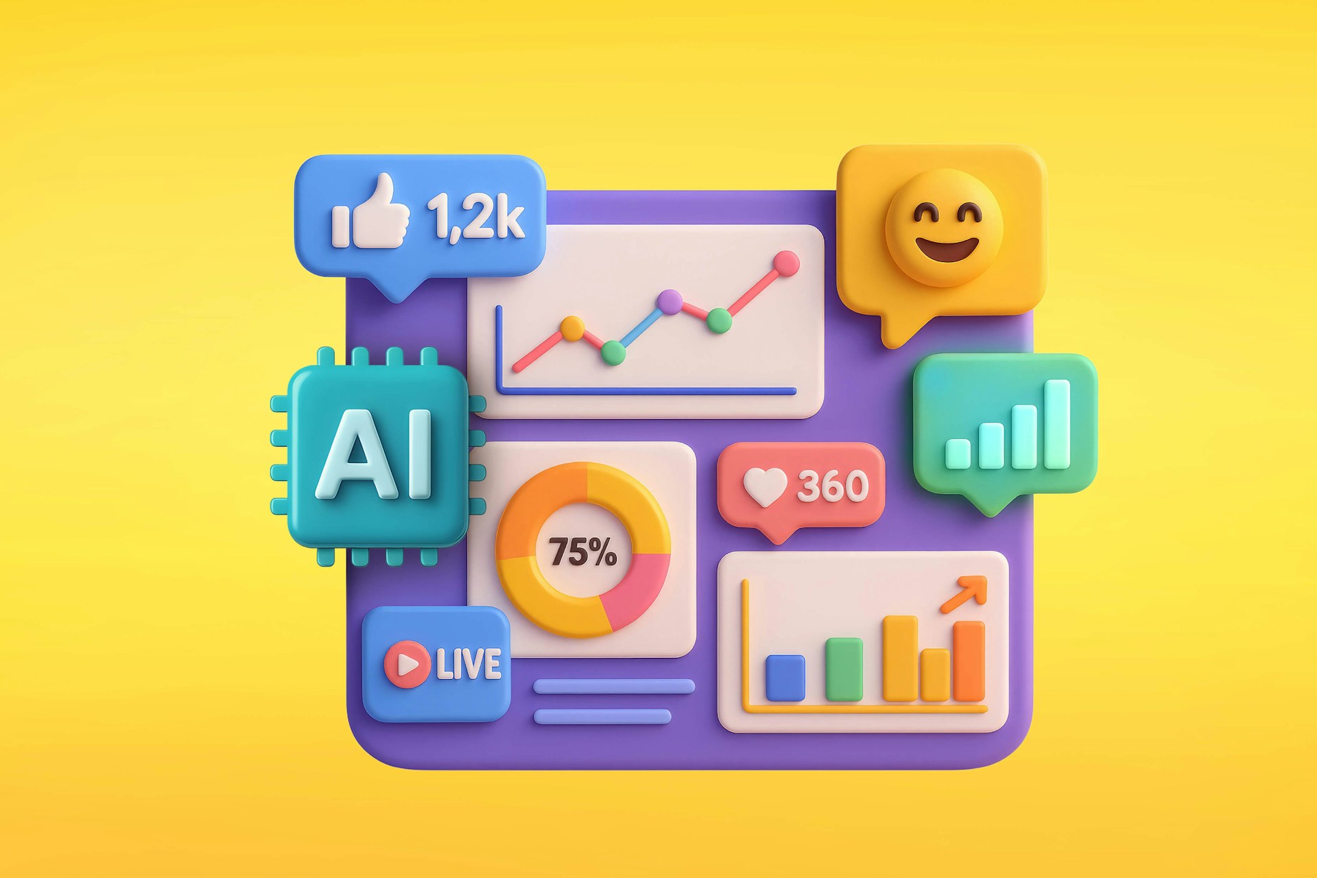 Image showing a computer screen with various icons to indicate AI media monitoring such as a sentiment graph, bar graph, like symbol, and a YouTube play button.