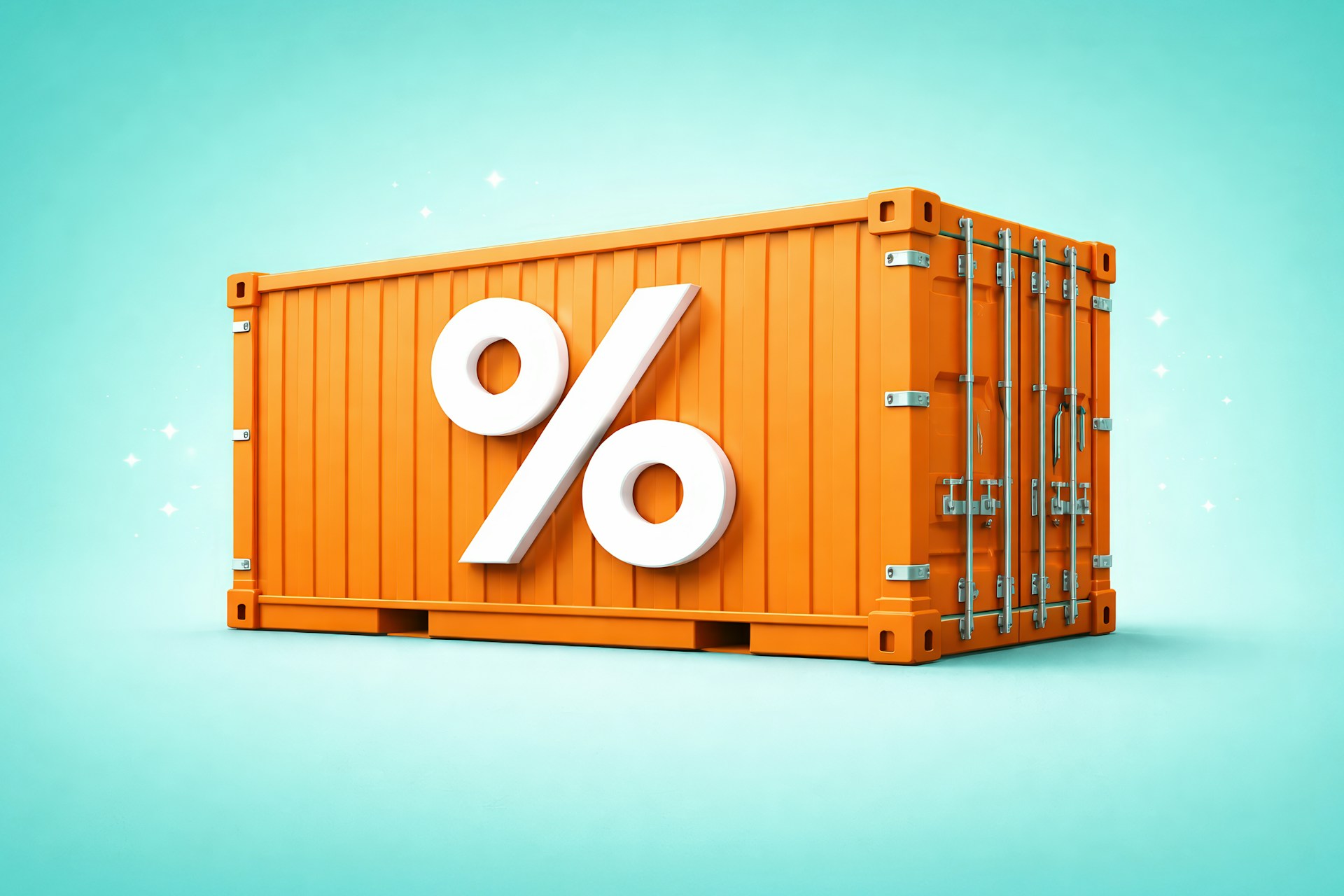 An orange shipping container with a % symbol on it against a blue background