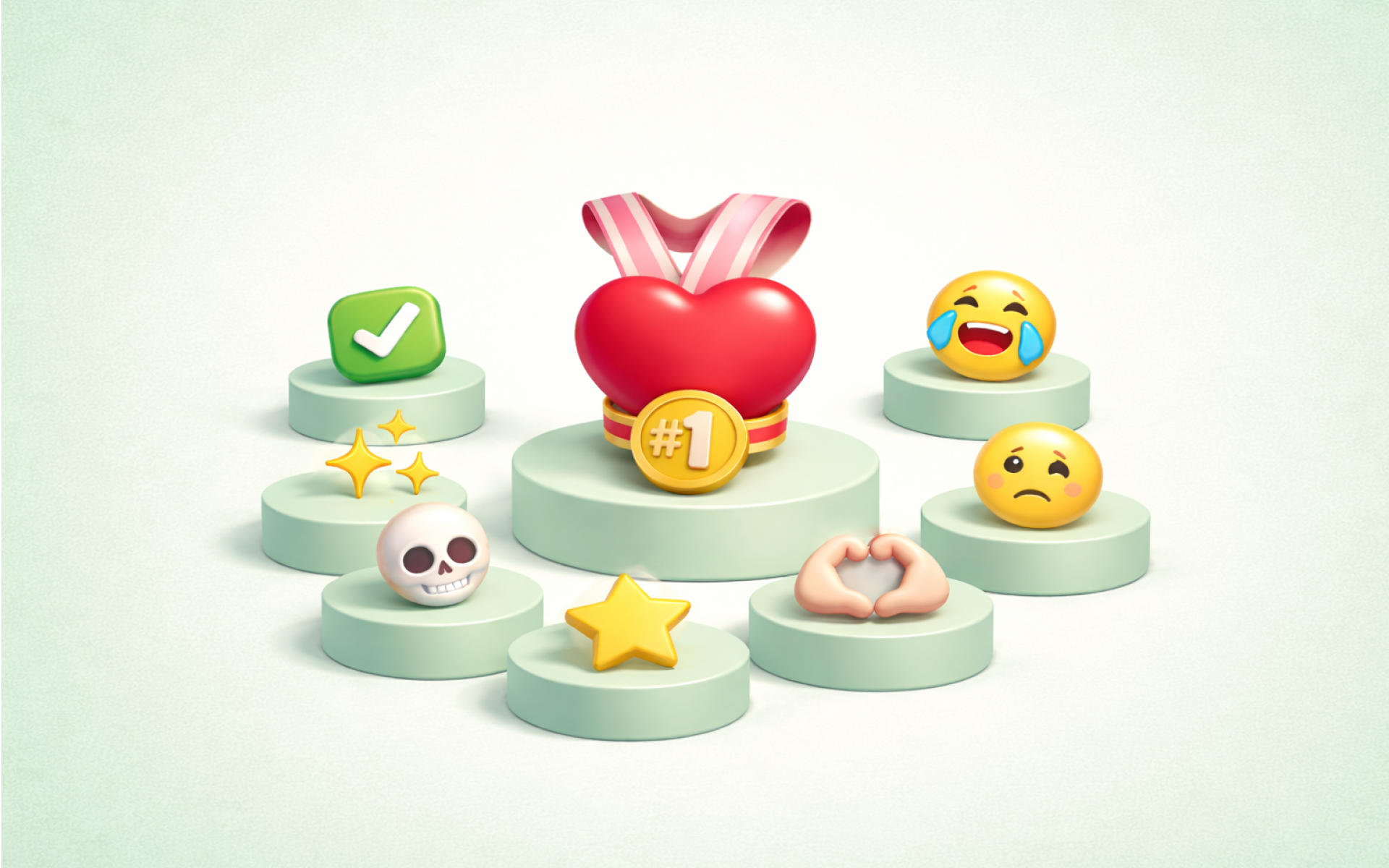 An awards podium featuring emojis around a heart emoji on the highest podium with a gold medal around it that reads #1 
