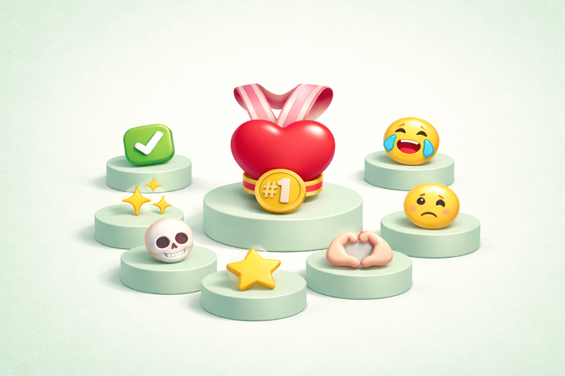 An awards podium featuring emojis around a heart emoji on the highest podium with a gold medal around it that reads #1