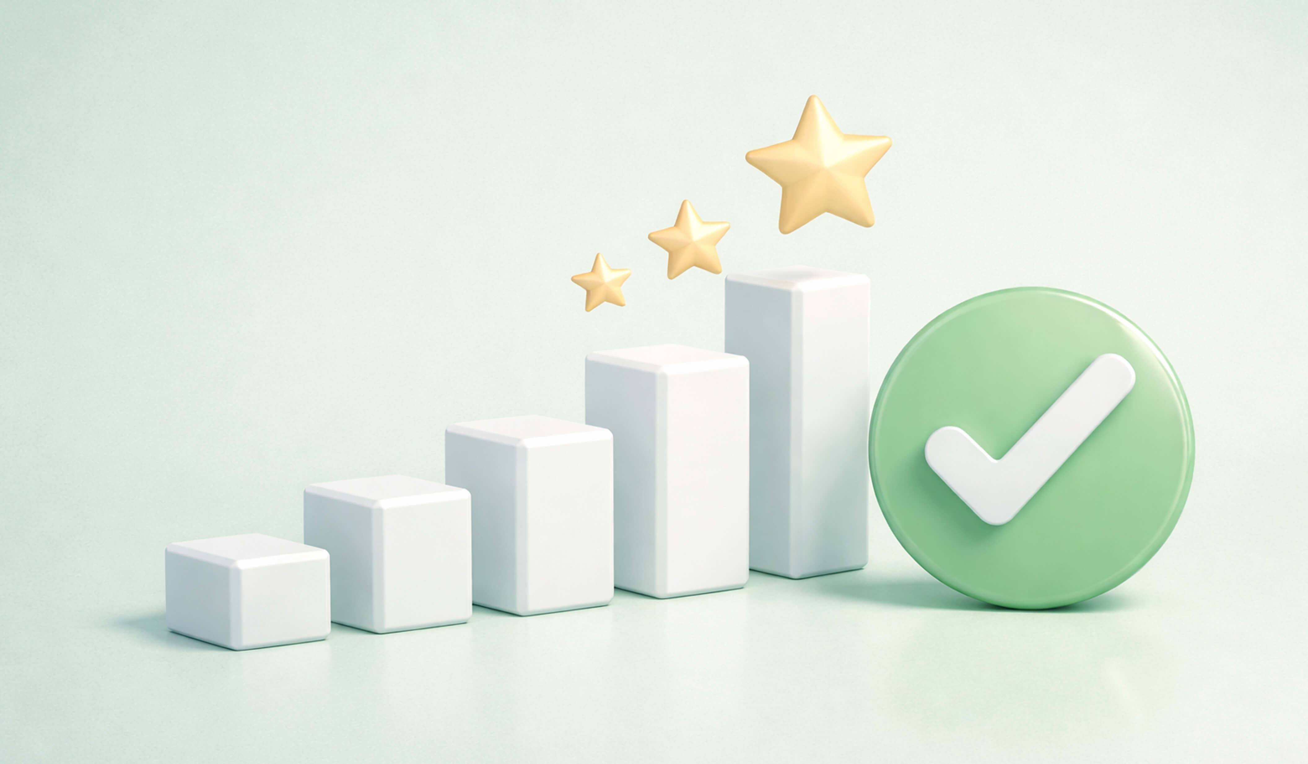 An image showing five white bars going up in size like a bar graph. The tallest two bars are on the right and have three yellow stars, also going up in size, floating above. There is a green circle with a checkmark next to the tallest bar to illustrate a positive corporate image.