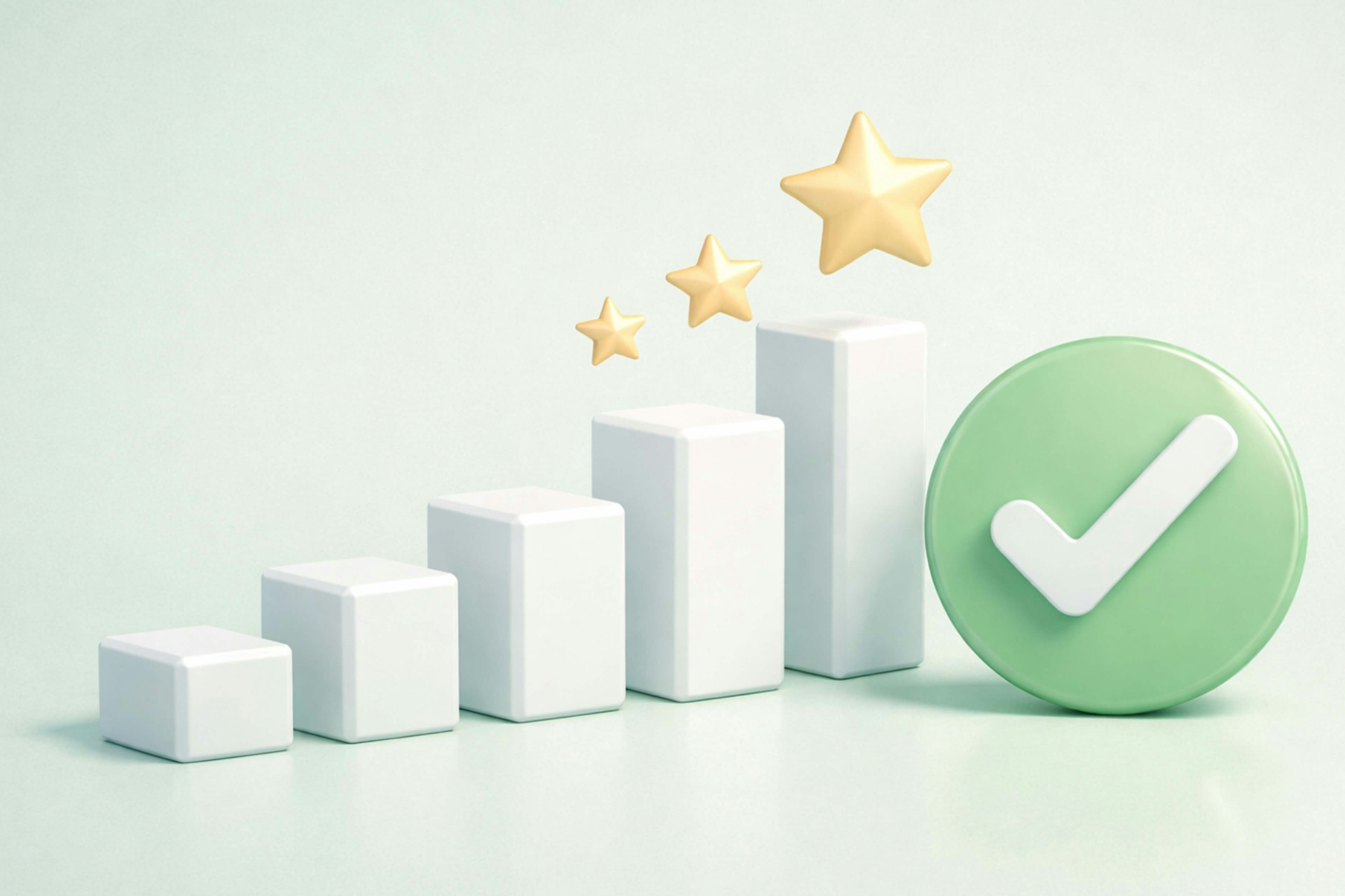 An image showing five white bars going up in size like a bar graph. The tallest two bars are on the right and have three yellow stars, also going up in size, floating above. There is a green circle with a checkmark next to the tallest bar to illustrate a positive corporate image.