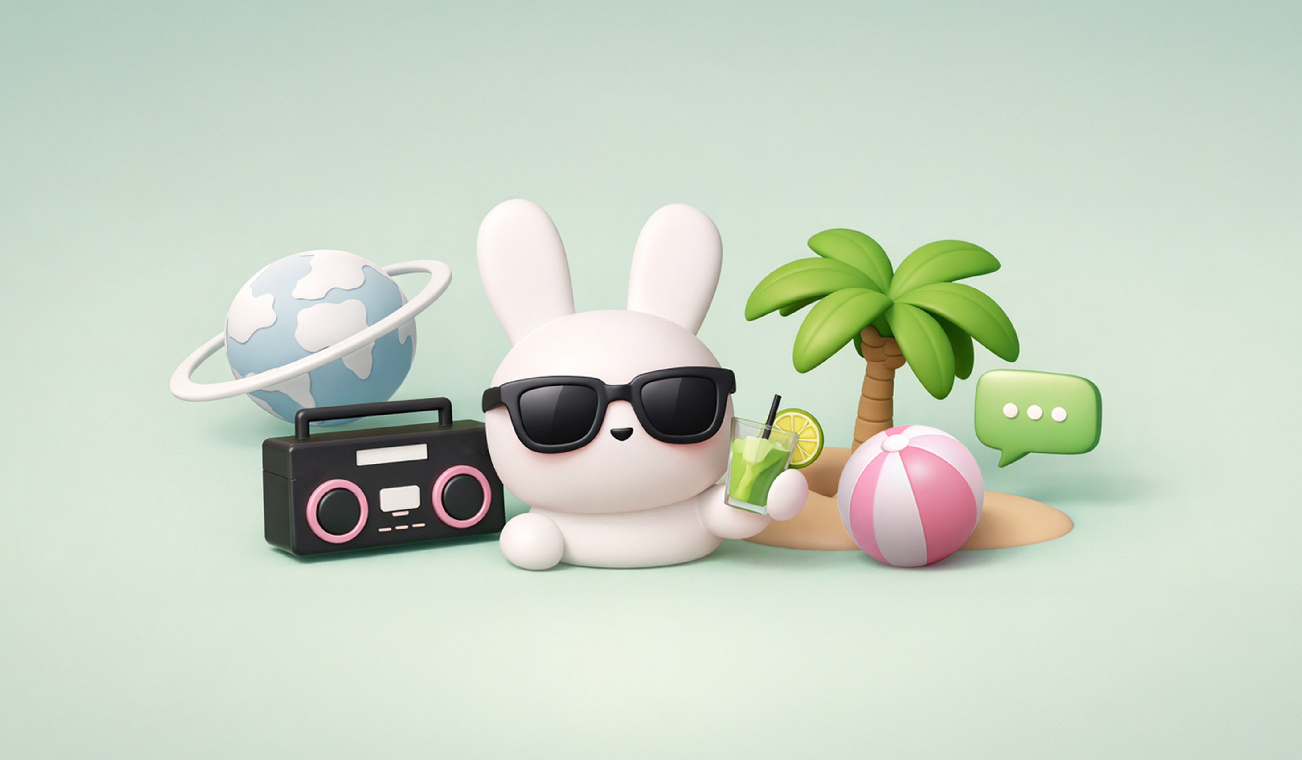 A white bunny wearing sunglasses holds a tropical drink beside an island, palm tree, boom box and more for a Meltwater blog about Bad Bunny