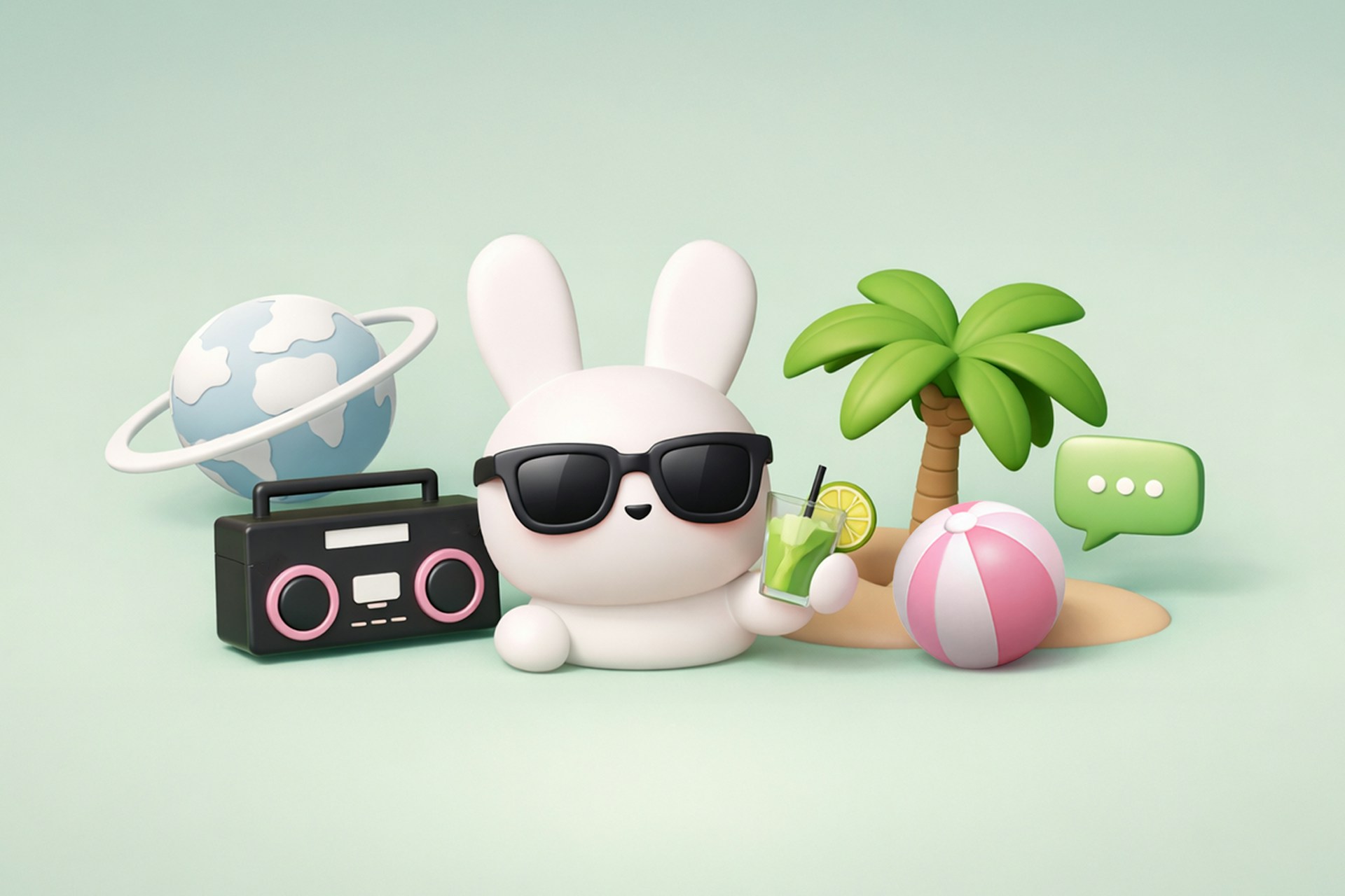 A white bunny wearing sunglasses holds a tropical drink beside an island, palm tree, boom box and more for a Meltwater blog about Bad Bunny