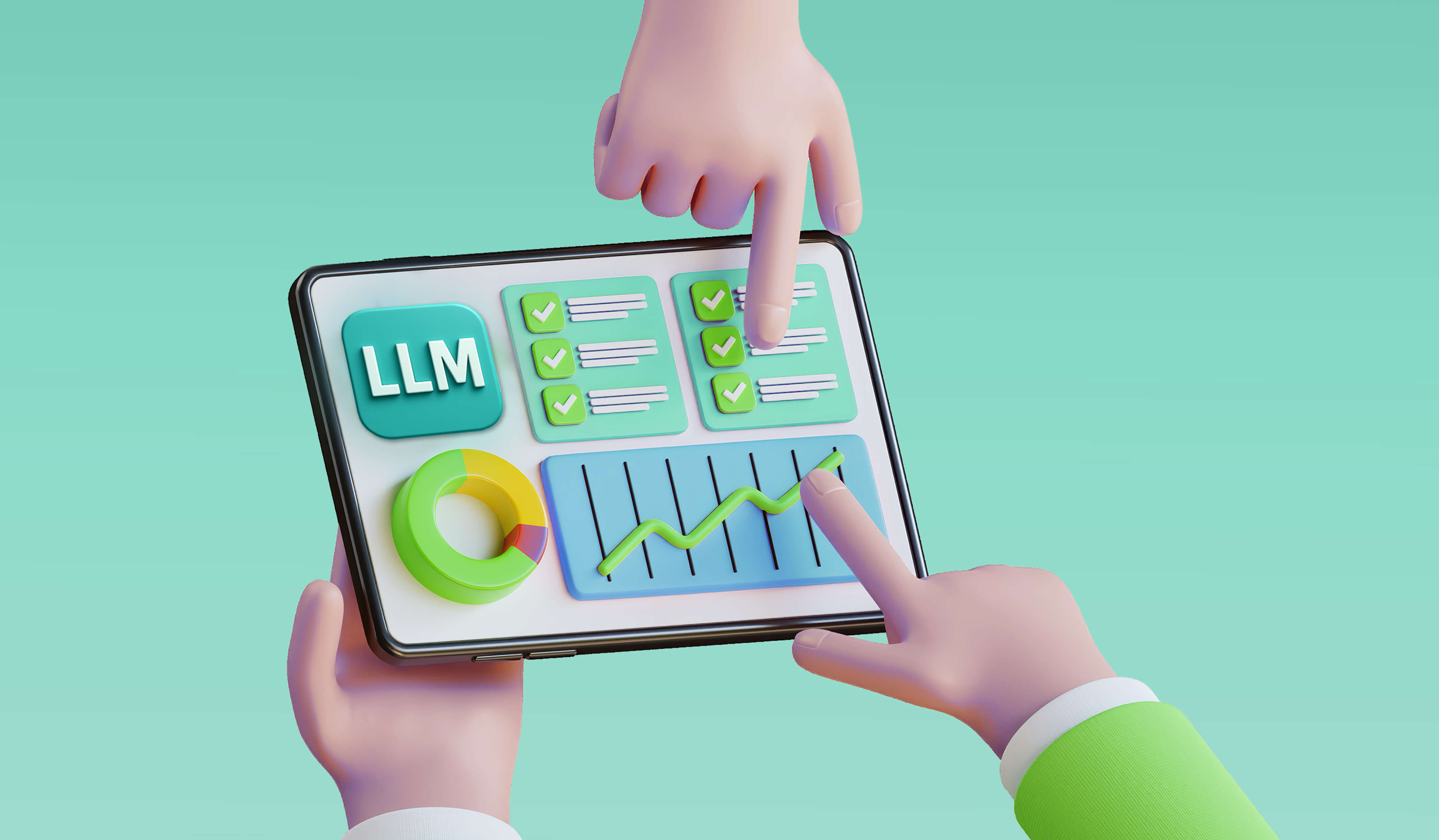 Image of three hands holding a tablet with graphs indicating LLM results. Blog post image for LLM sentiment analysis