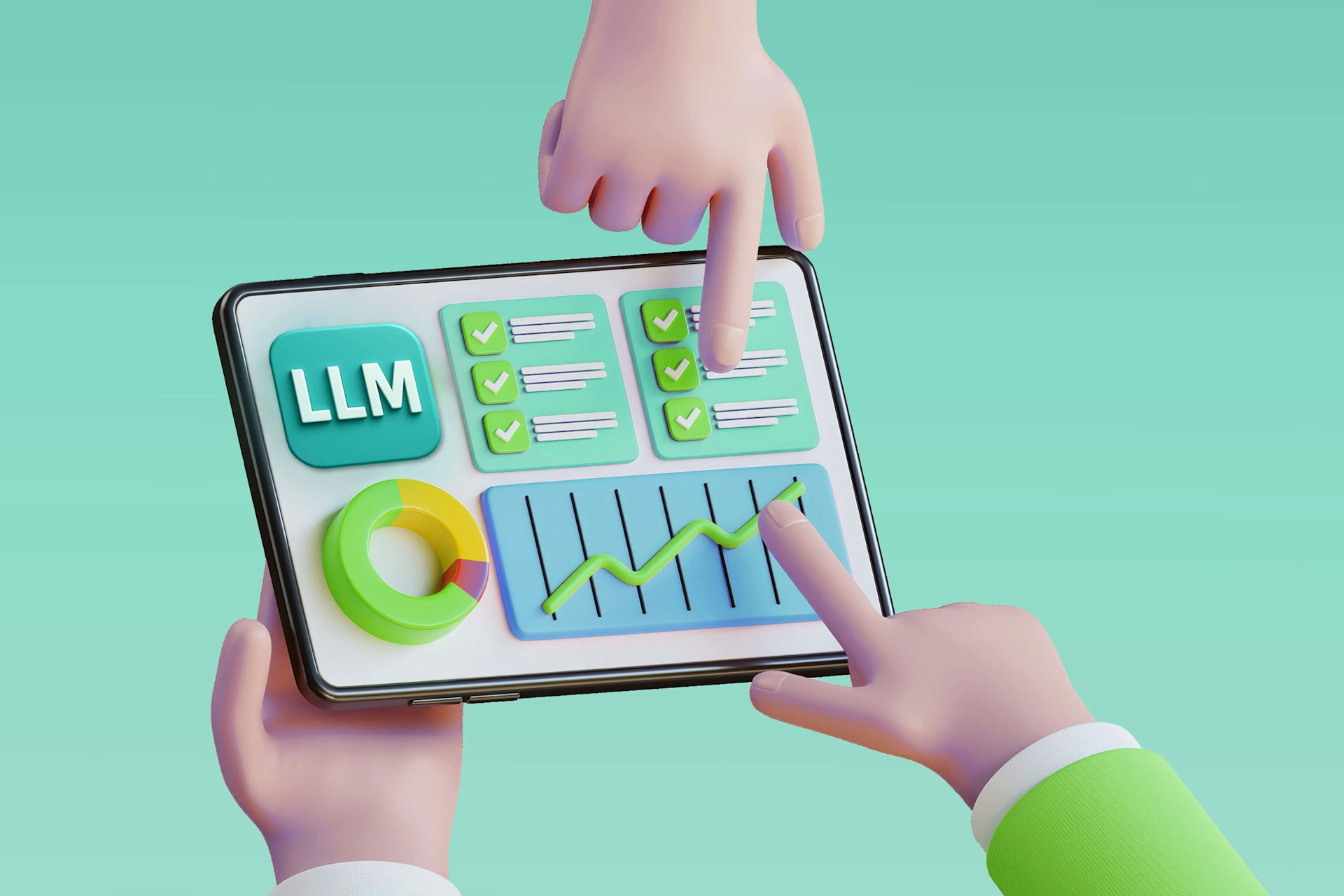 Image of three hands holding a tablet with graphs indicating LLM results. Blog post image for LLM sentiment analysis