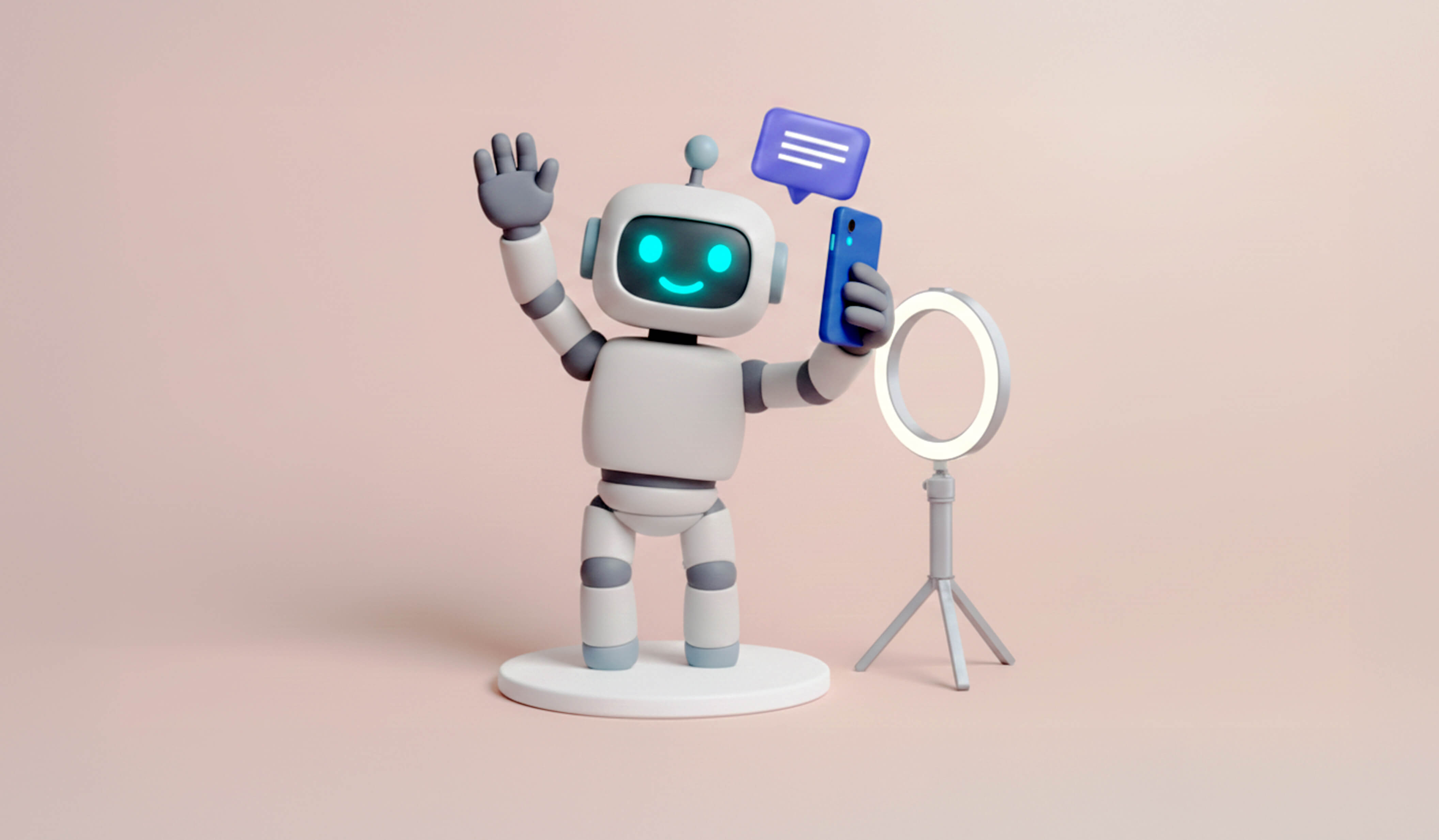 Image of an AI robot waving, holding a phone in front of a ring light, with a purple speech bubble. The image represents a virtual influencer