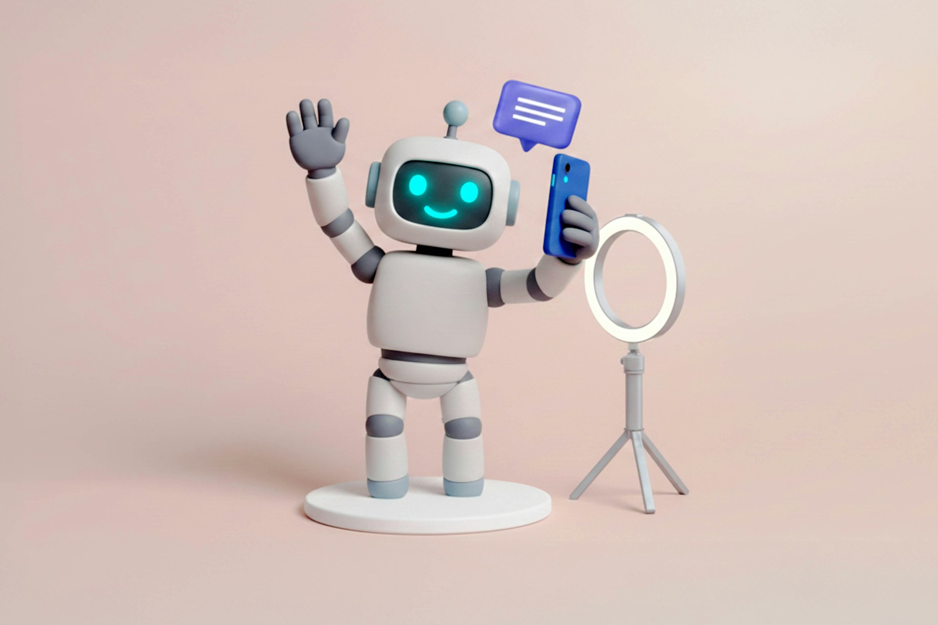 Image of an AI robot waving, holding a phone in front of a ring light, with a purple speech bubble. The image represents a virtual influencer
