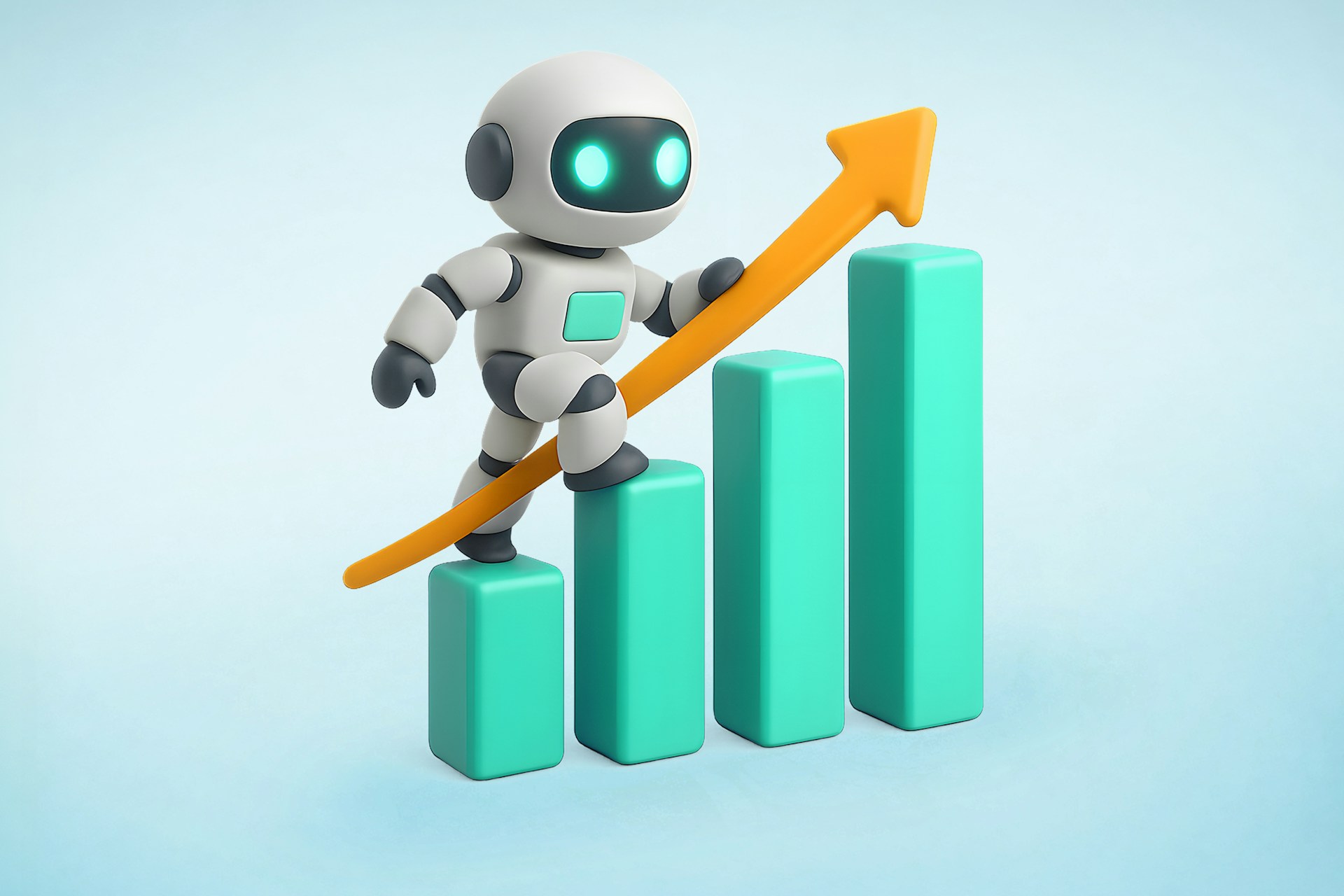 An illustration showing a robot climbing a bar graph, with an orange arrow on top of the bars going up and to the left. LLM metrics and KPIs blog post image