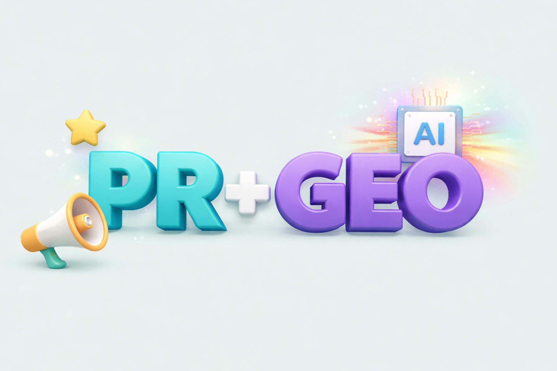 An image with the phrase PR plus (using a plus sign) GEO, on a plain background. The word PR is blue has a gold star above and a megaphone to the left, the word GEO is purple and has the term AI floating above the O, with a multi-colored burst of color. Blog post for GEO strategy for PR