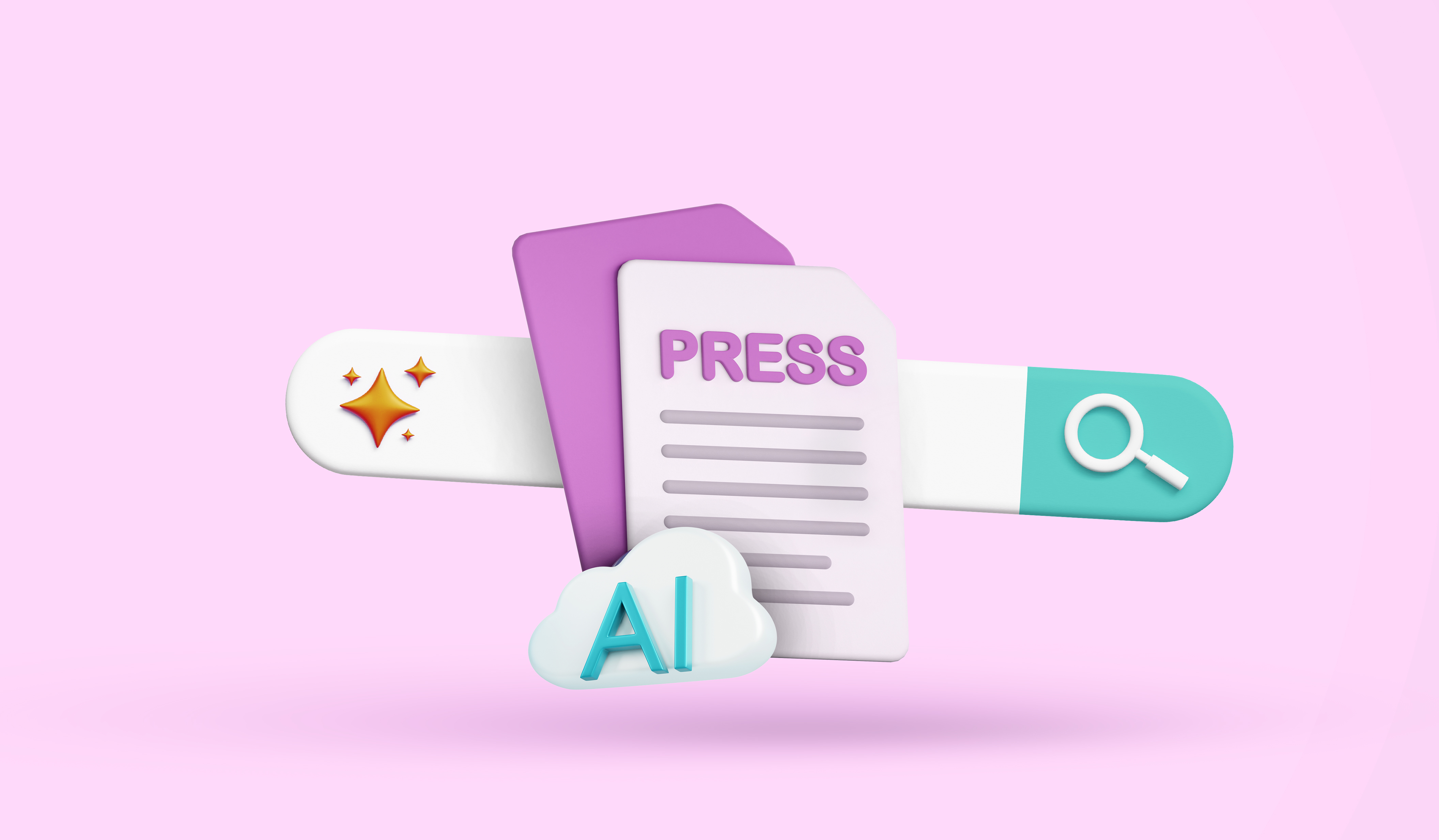 The letters AI within a cloud against a press release and a search bar