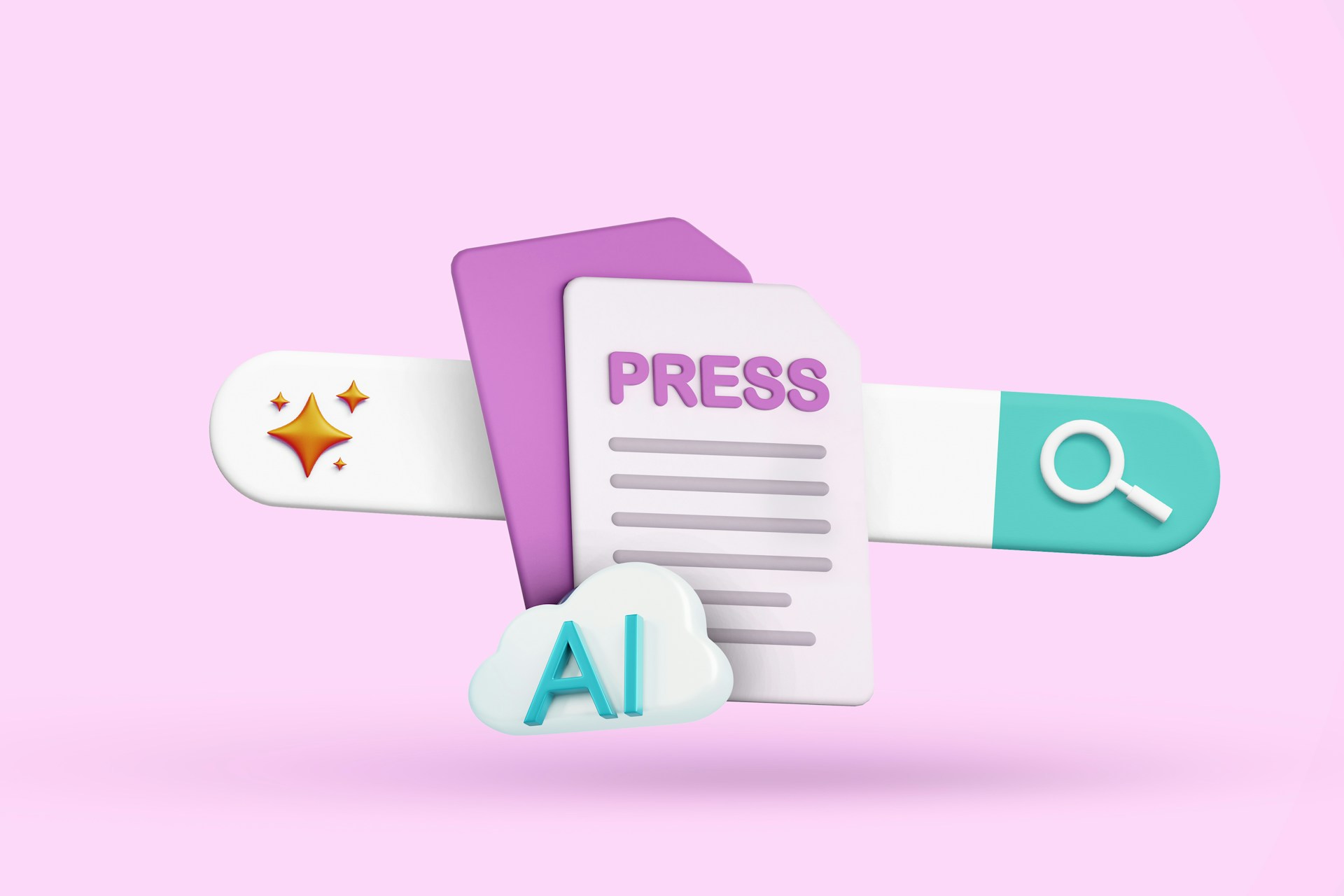 The letters AI within a cloud against a press release and a search bar