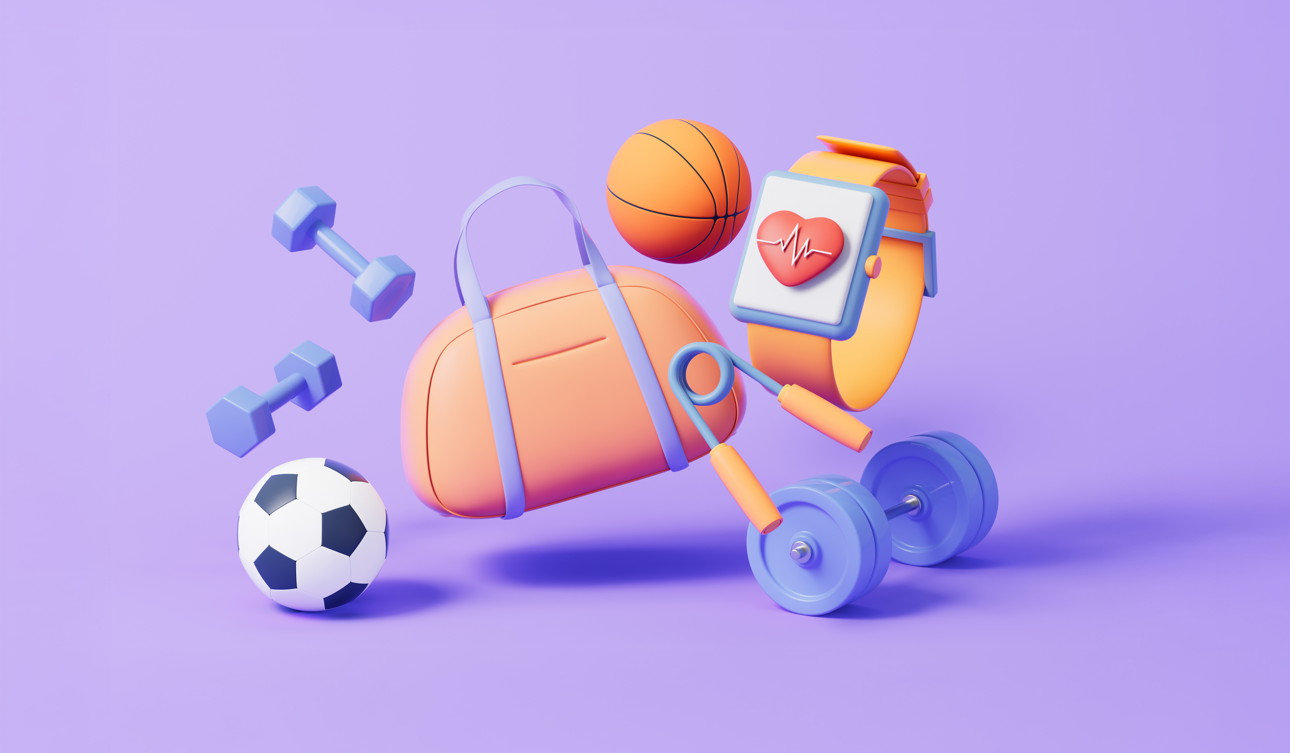 Sports equipment, including weights, a soccer ball, a gym bag, and a smartwatch, float against a purple background