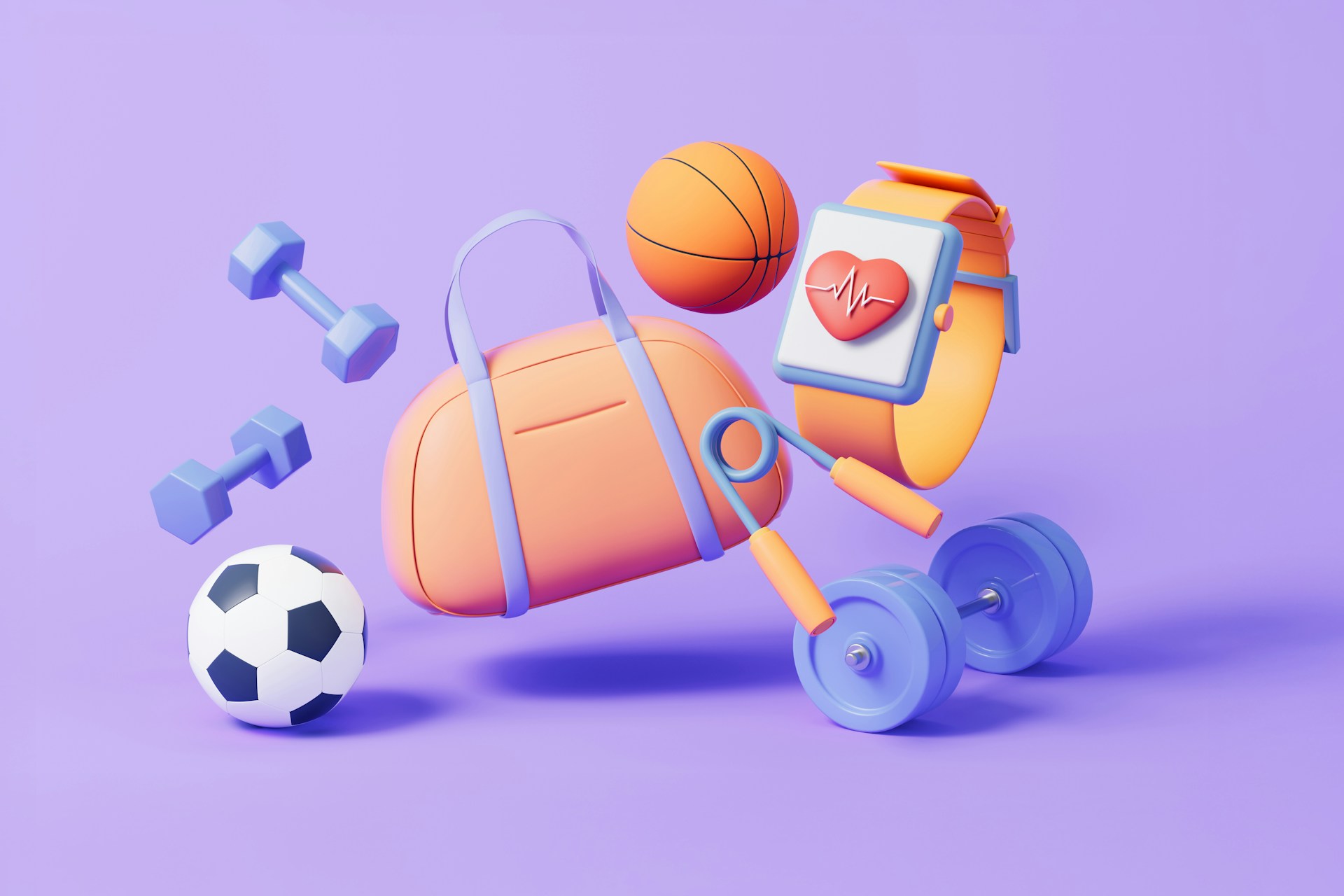 Sports equipment, including weights, a soccer ball, a gym bag, and a smartwatch, float against a purple background