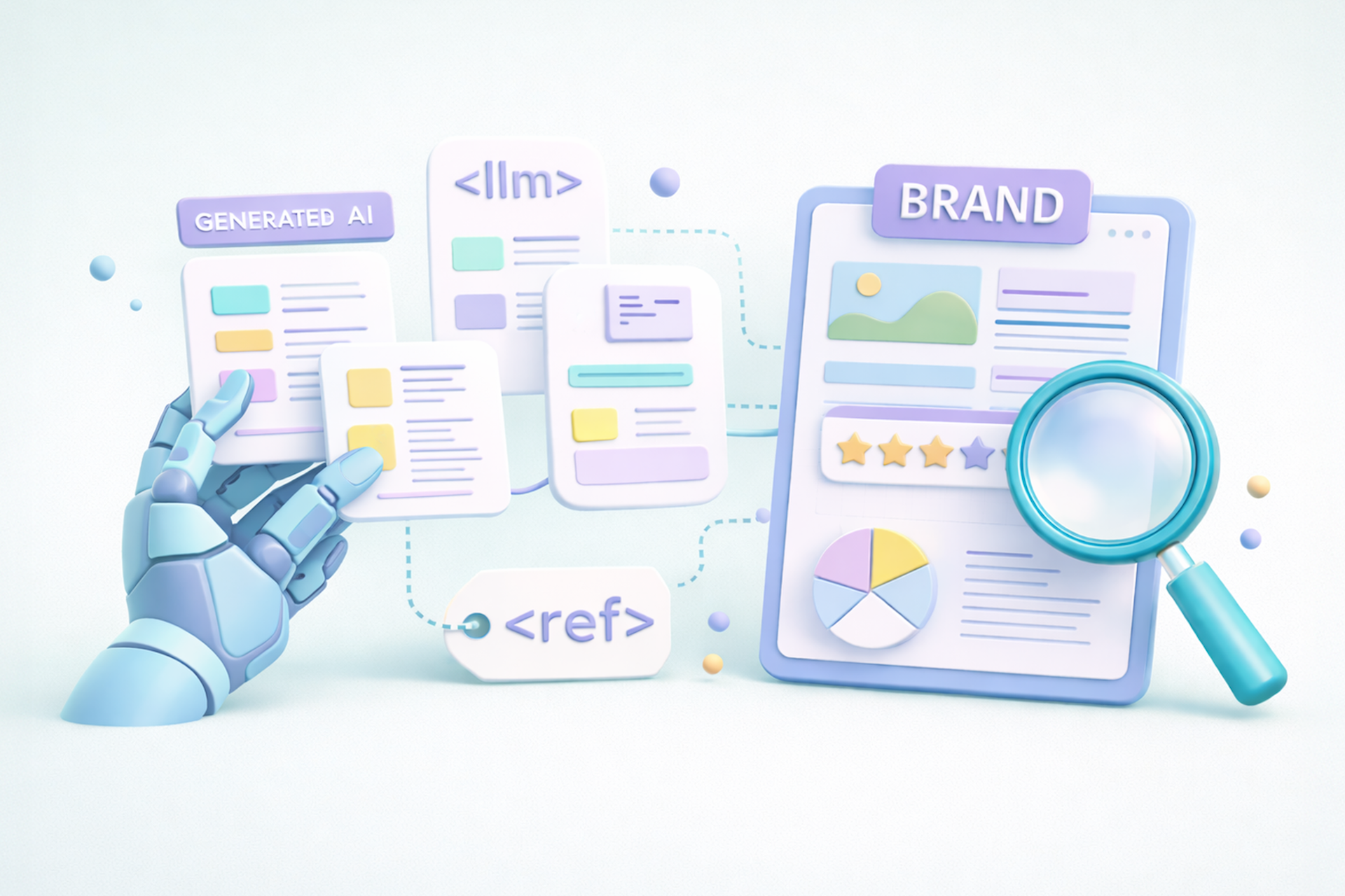 An image showing a robot hand holding papers titled Generative AI. There are two search term symbols, ref and llm in the image, as well as a screen with a magnifying glance hovering over a star rating and a pie chart. Image for llm prompt tracking blog post