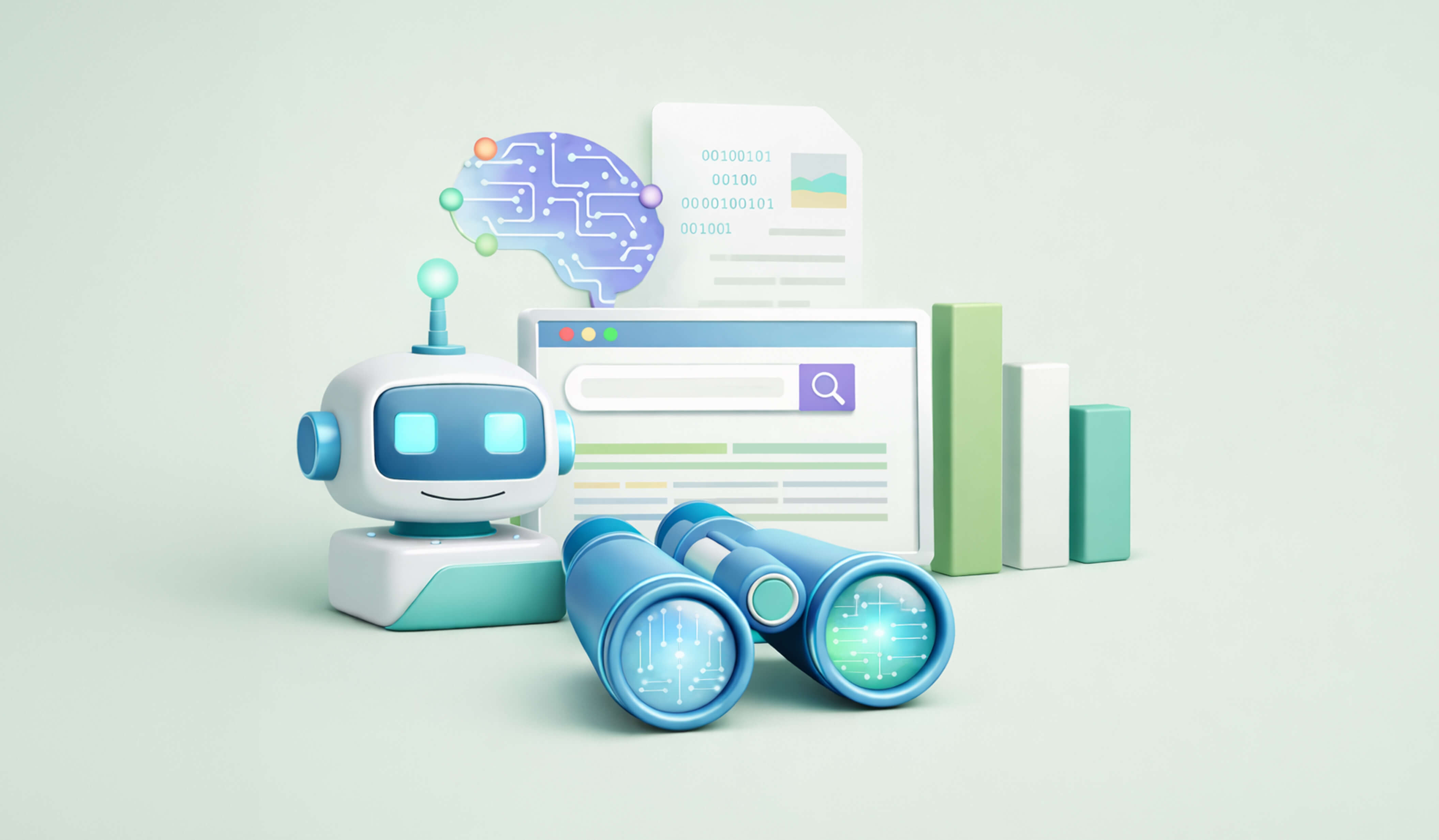 An image showing an AI robot with binoculars in front of a search bar on a computer screen. There is also a neural network brain symbol and a bar graph to illustrate GEO strategies for improving LLM visibility