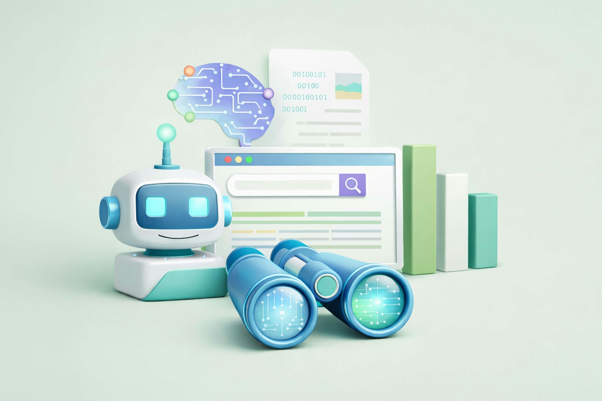 An image showing an AI robot with binoculars in front of a search bar on a computer screen. There is also a neural network brain symbol and a bar graph to illustrate GEO strategies for improving LLM visibility