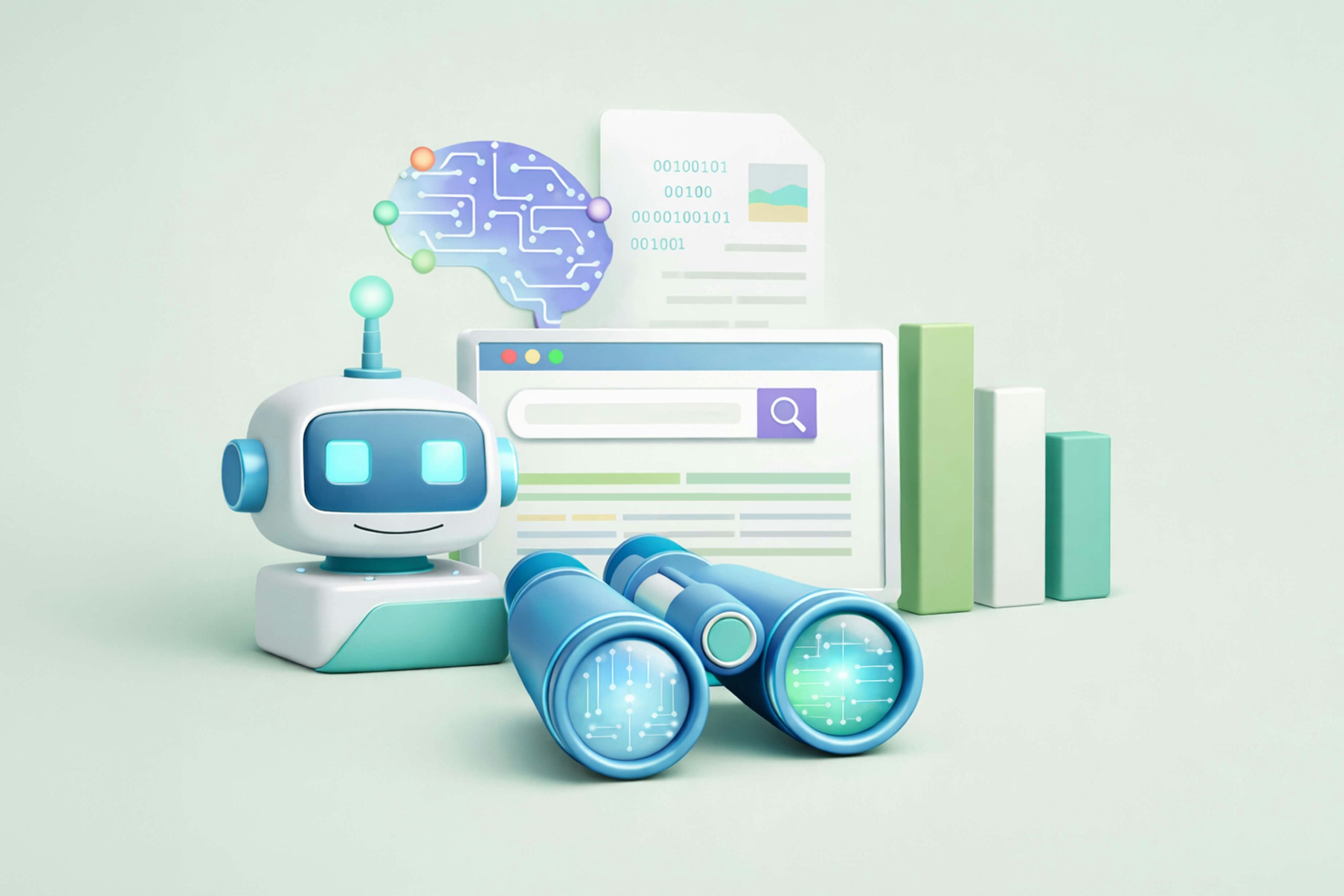 Une image représentant un robot IA muni de jumelles devant la barre de recherche d'un écran d'ordinateur. On y voit également le symbole d'un cerveau représentant un réseau neuronal et un graphique à barres illustrant les stratégies GEO visant à améliorer la visibilité des modèles de langage à grande échelle (LLM).