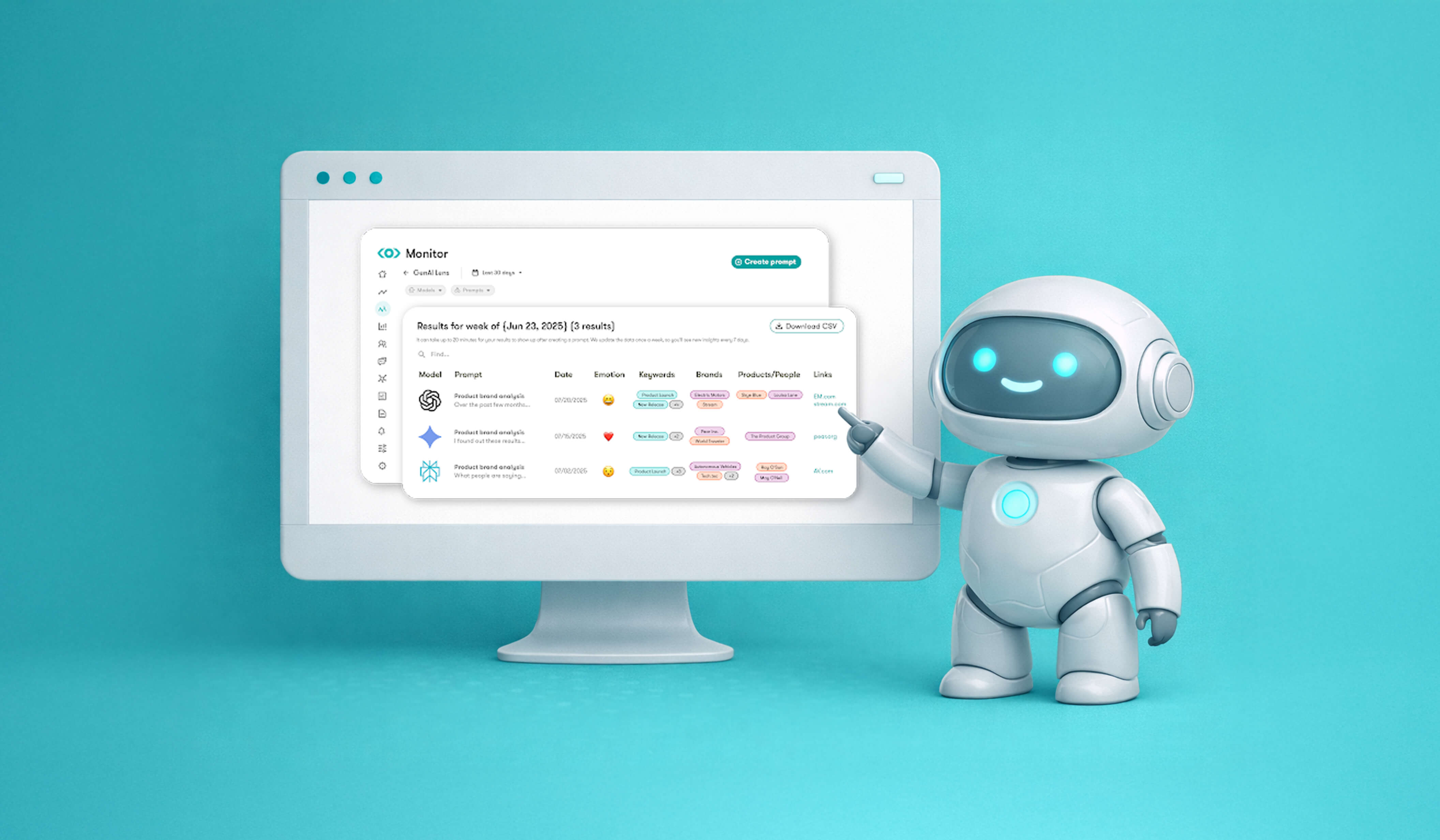 An image of an AI robot pointing to a computer screen showing Meltwater GenAI lens, benchmarking LLM brand visibility in different models