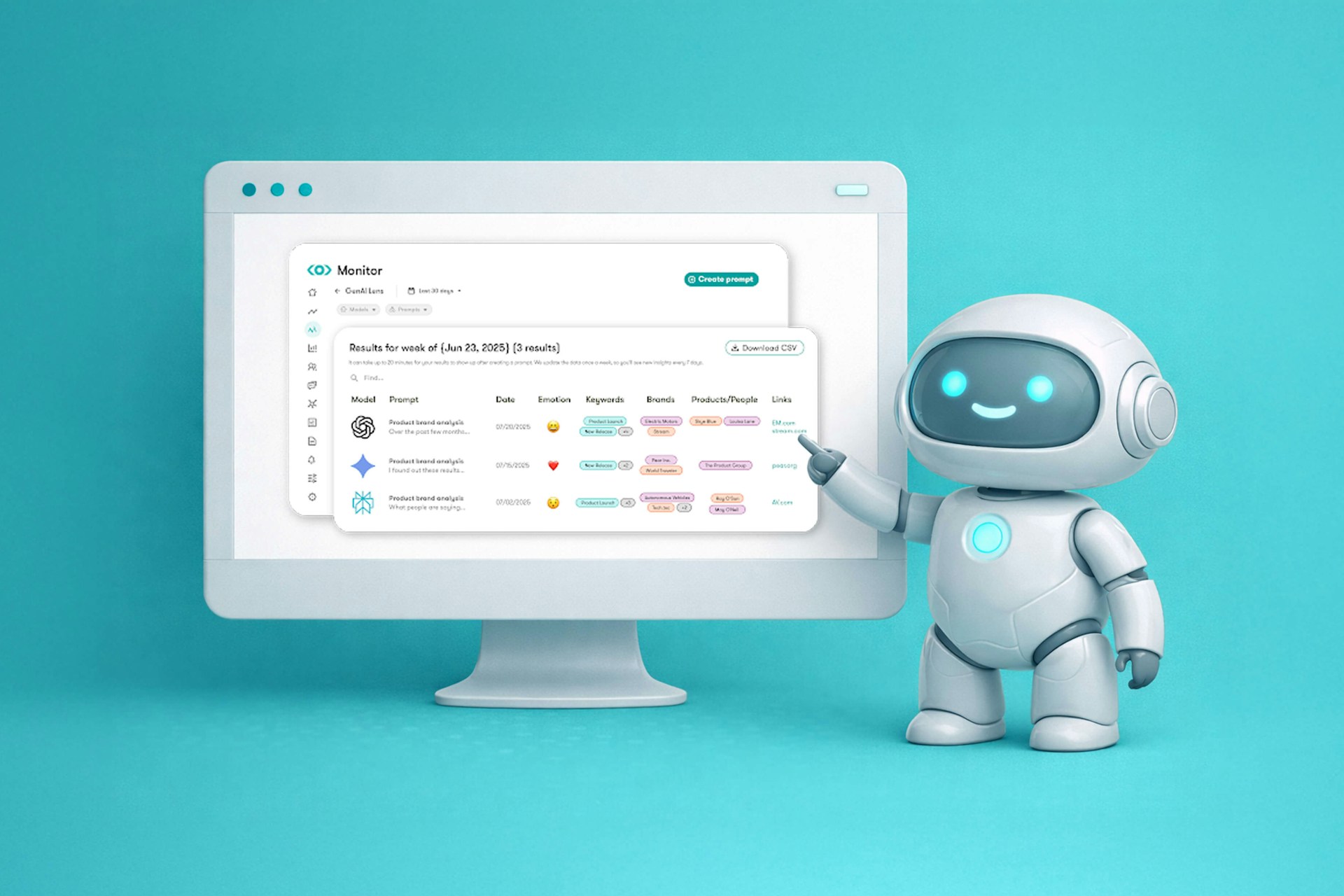 An image of an AI robot pointing to a computer screen showing Meltwater GenAI lens, benchmarking LLM brand visibility in different models