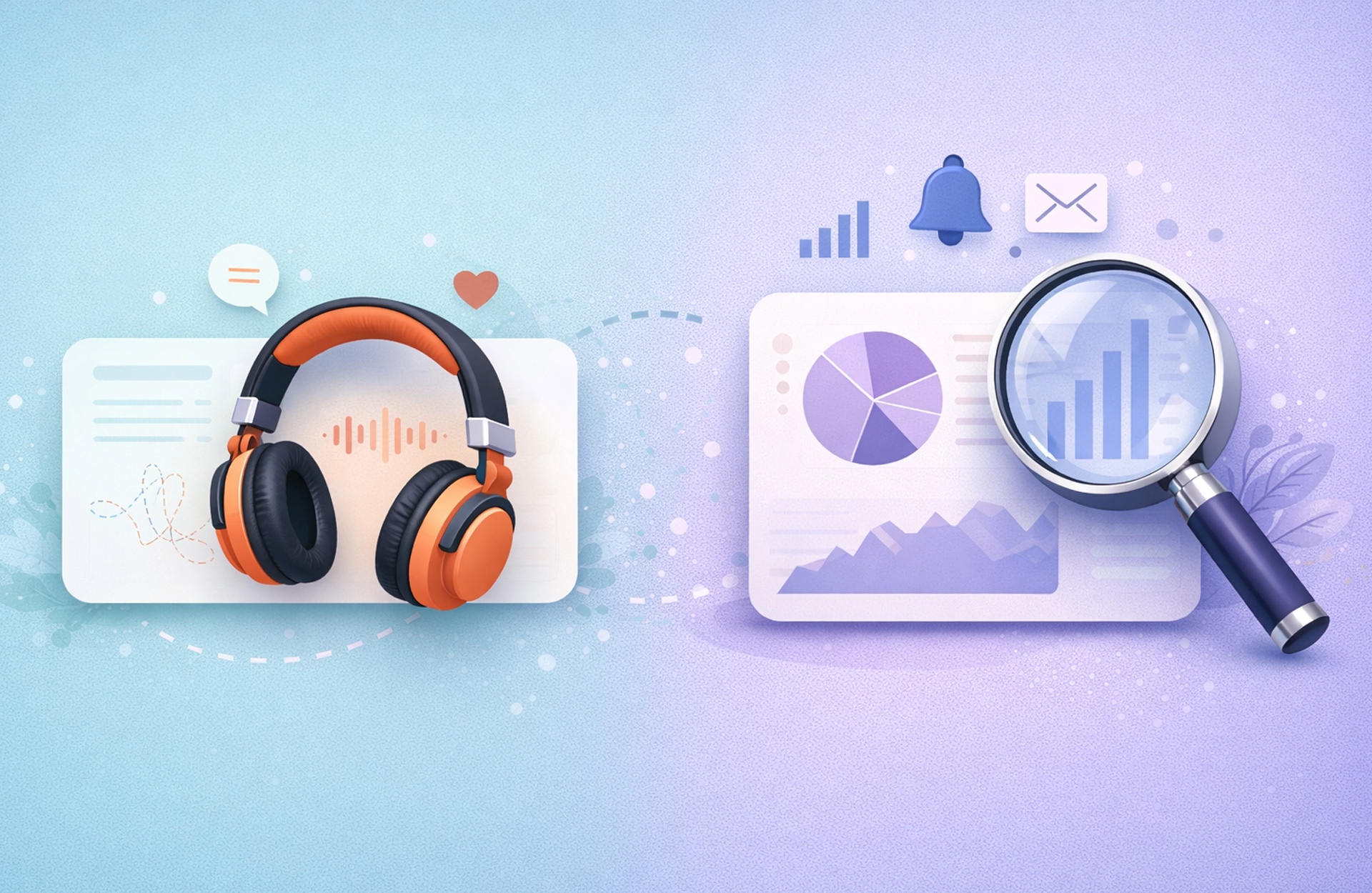 A set of headphones and a looking glass over some social listening analytics charts