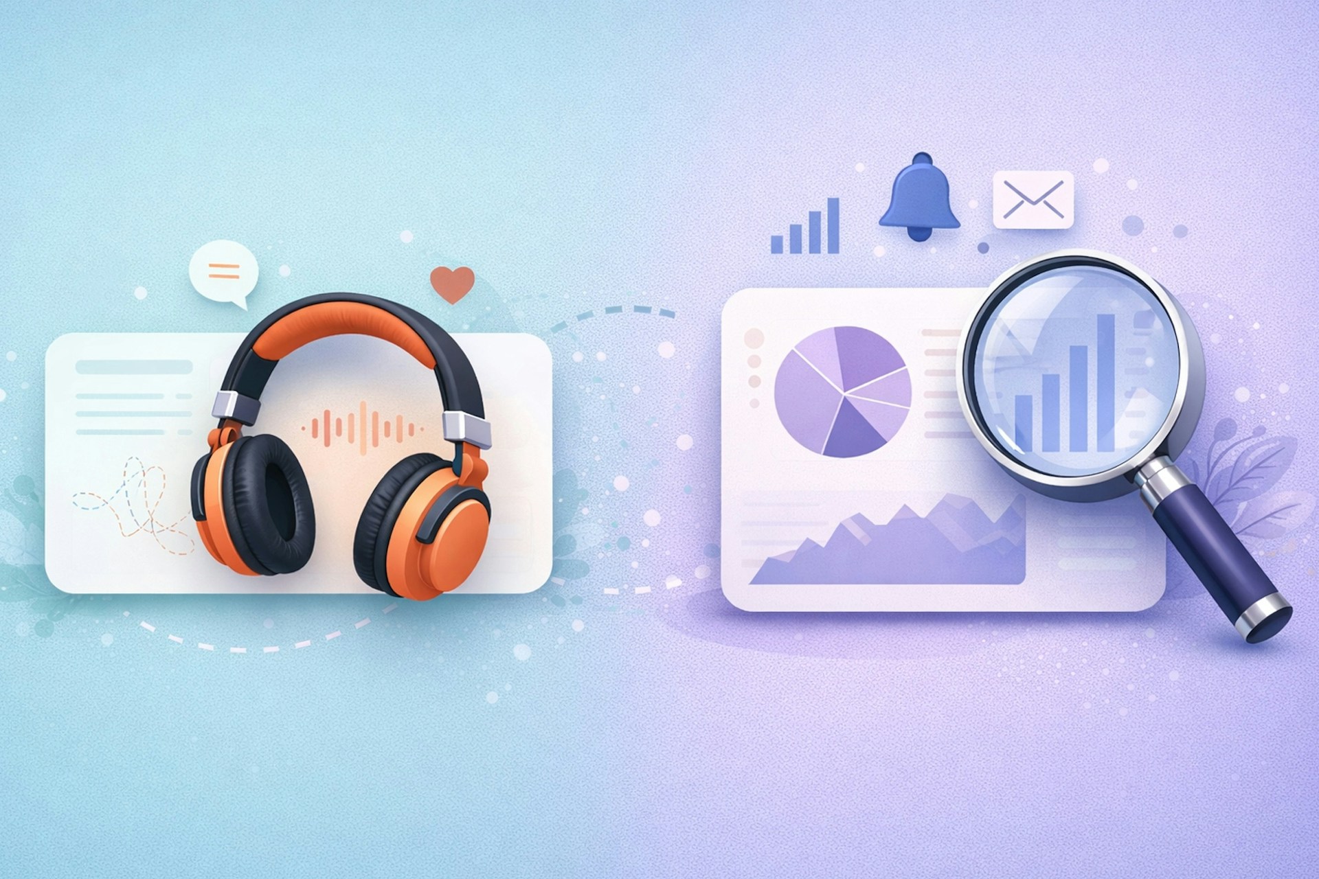 A set of headphones and a looking glass over some social listening analytics charts