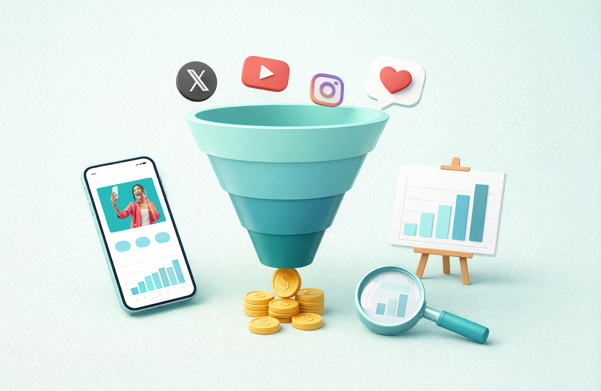 A funnel with social media images falling into the top and gold coins falling out of the bottom. Surrounded by digital marketing analytics charts. 