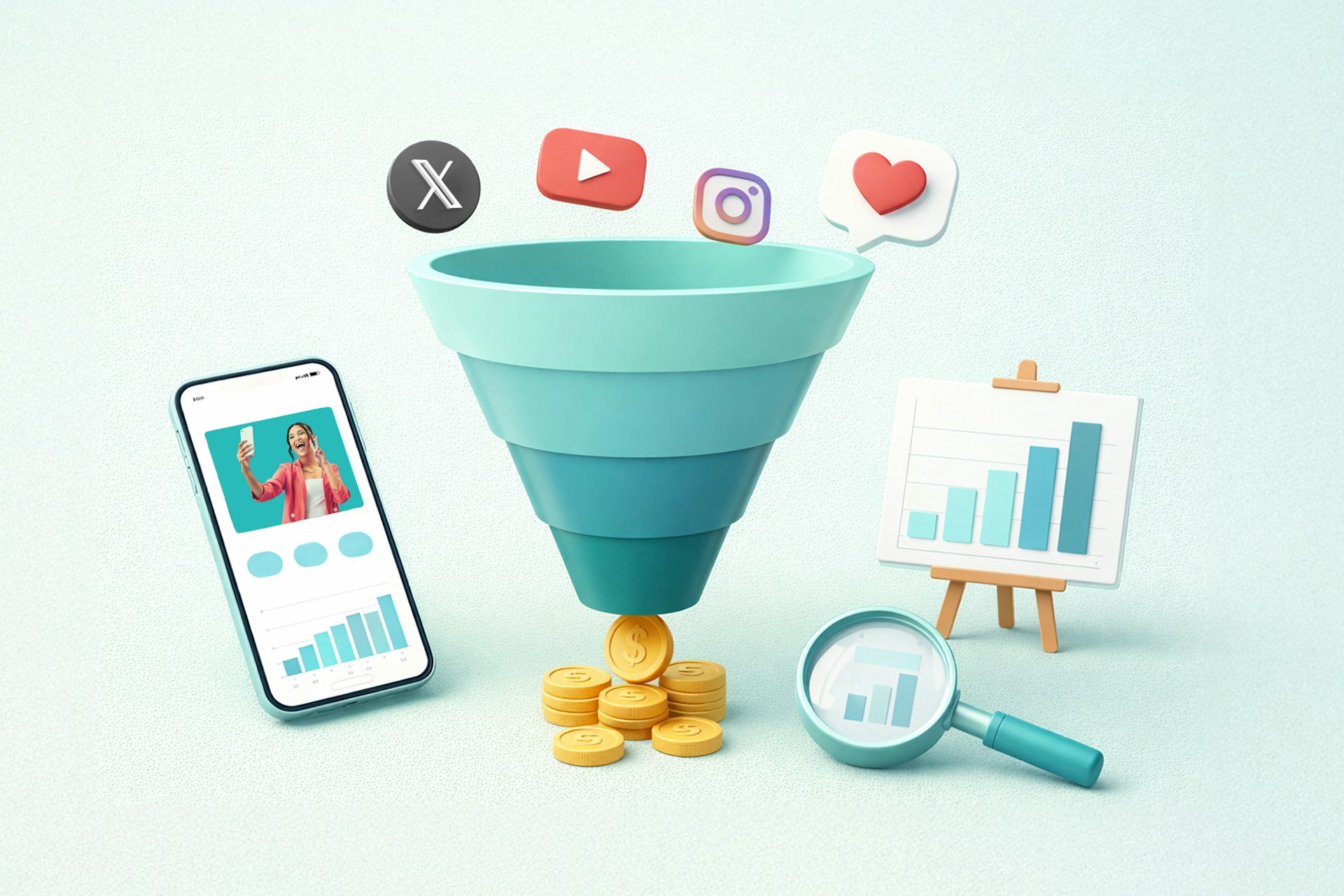 A funnel with social media images falling into the top and gold coins falling out of the bottom. Surrounded by digital marketing analytics charts.