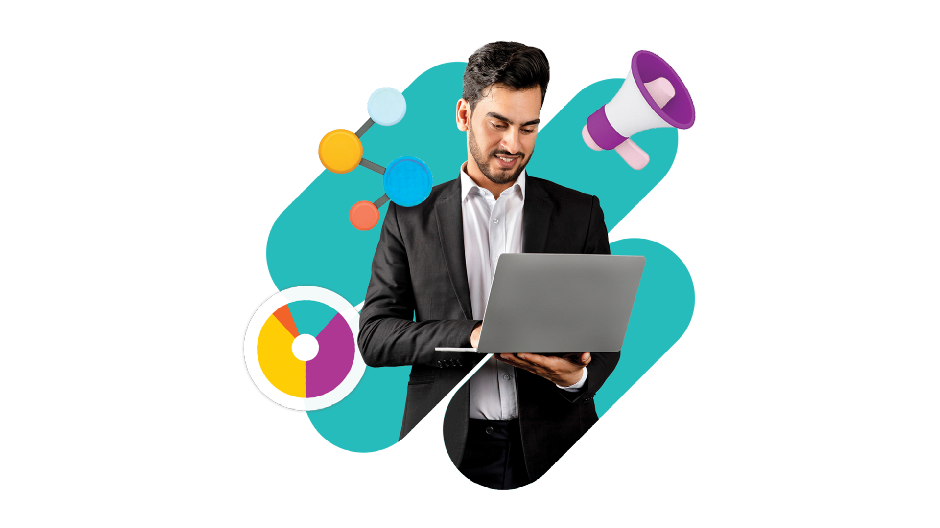 Zu sehen ist ein Mann im Business-Outfit mit Laptop, umgeben von Symbolen für Daten, Analyse und Kommunikation – als Visualisierung moderner, datenbasierter PR.